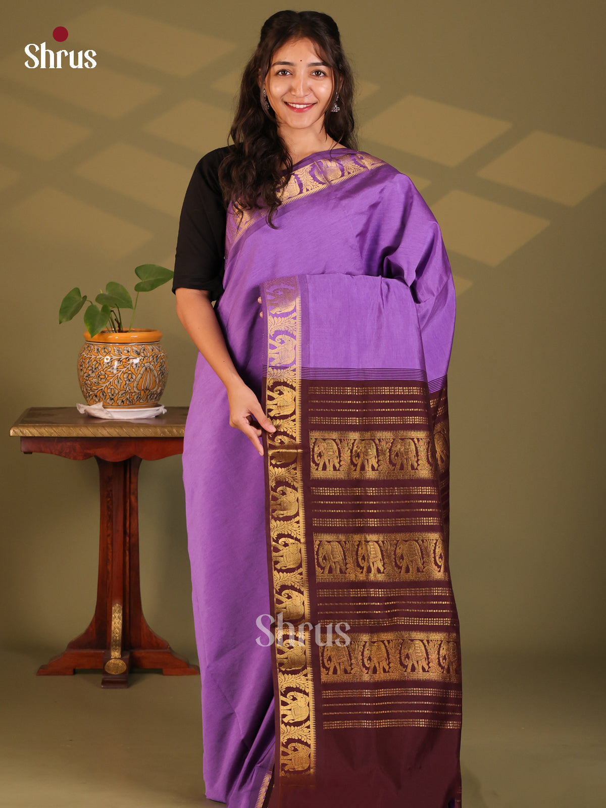 Lavender with Arakku Maroon- Silkcotton-halfpure Saree - Shop on Shrus.com
