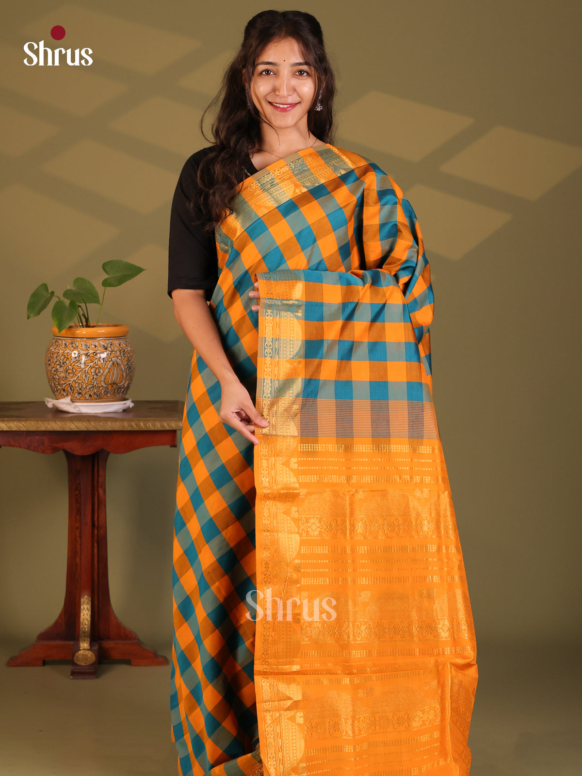 Mustard & Blue- Silkcotton-halfpure Saree - Shop on Shrus.com