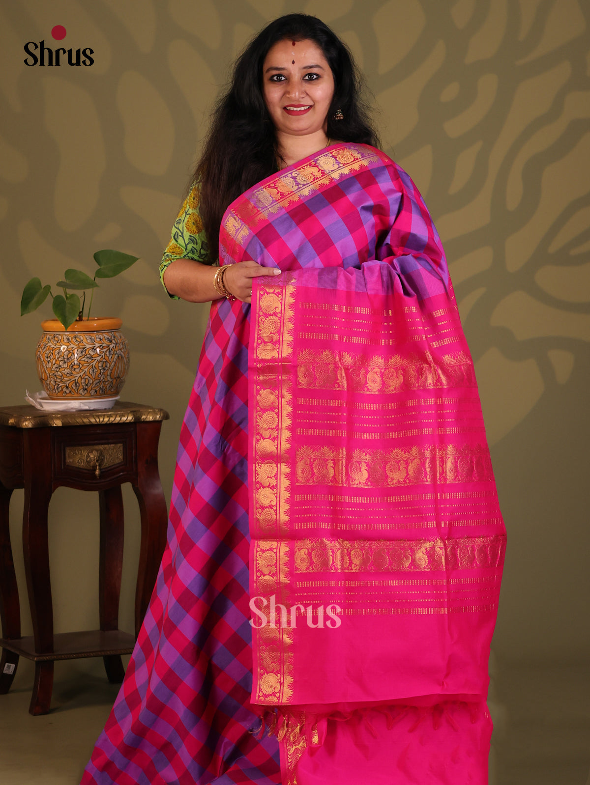 Pink & Blue- Silkcotton-halfpure Saree - Shop on Shrus.com