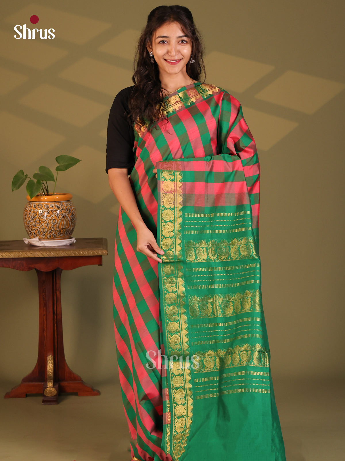 Pink with Green- Silkcotton-halfpure Saree - Shop on Shrus.com
