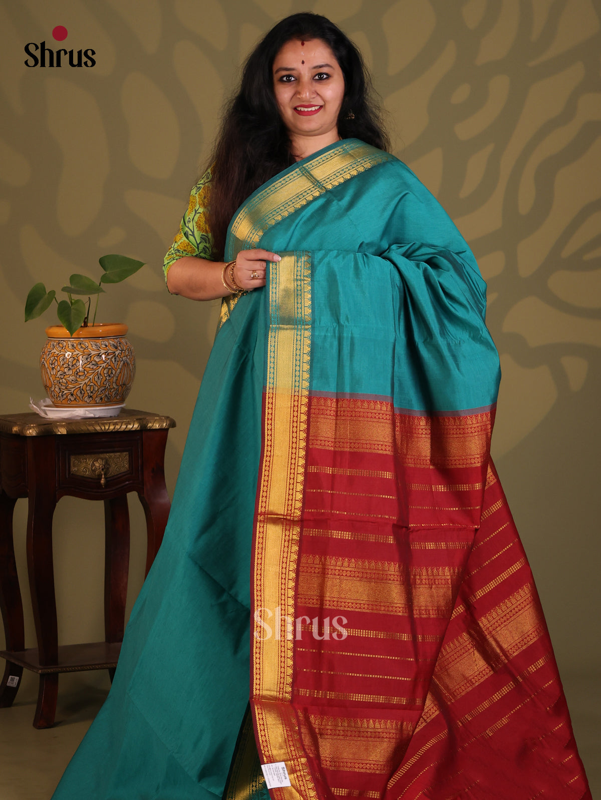 Blue & Red- Silkcotton-halfpure Saree - Shop on Shrus.com