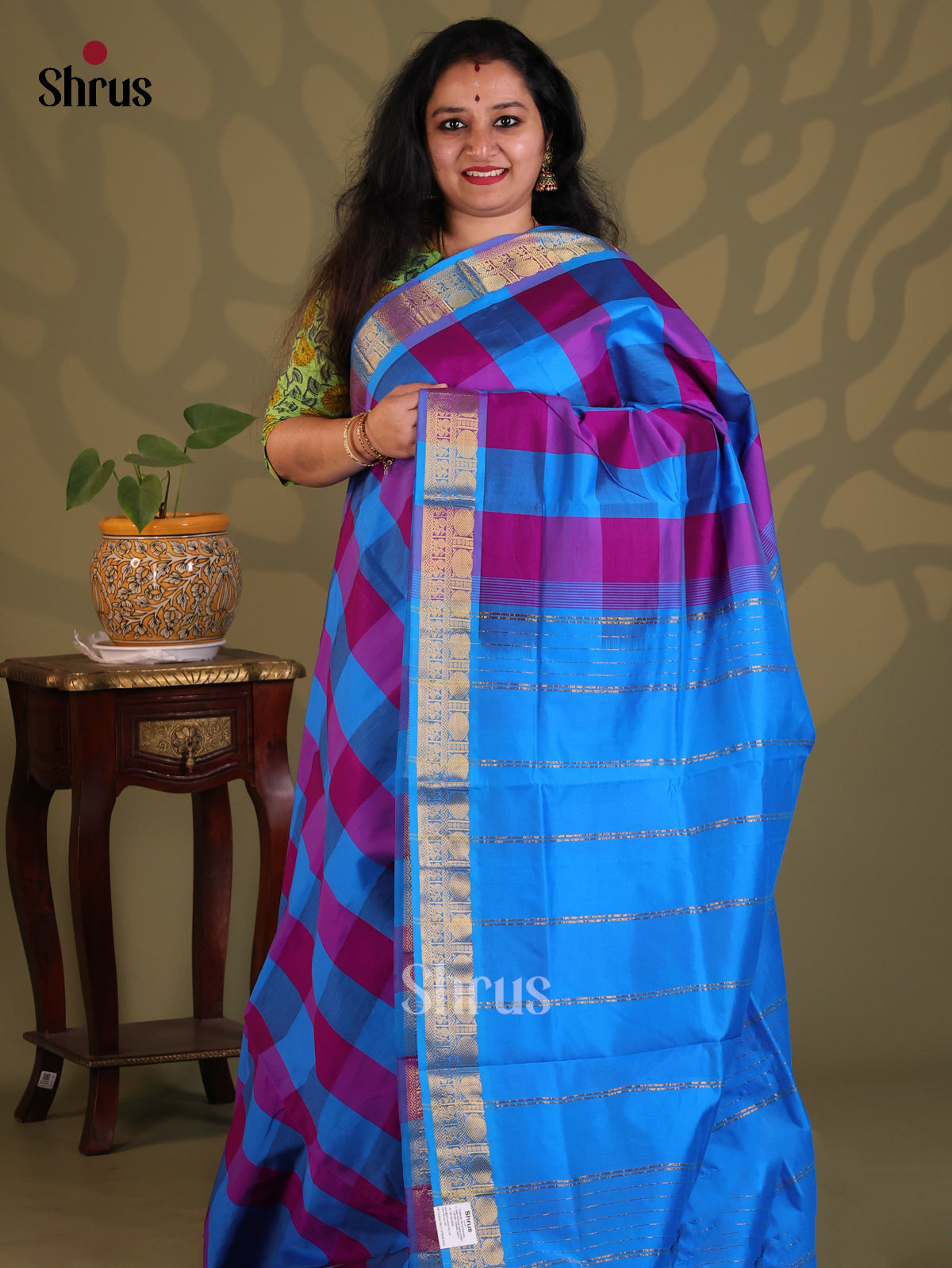 Blue & Purple- Silkcotton-halfpure Saree - Shop on Shrus.com