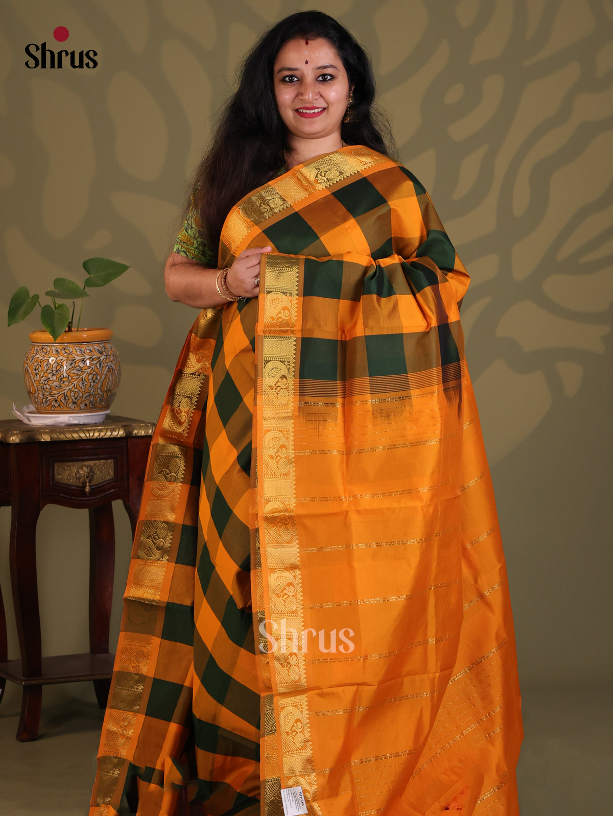 Mustard & Green- Silkcotton-halfpure Saree - Shop on Shrus.com