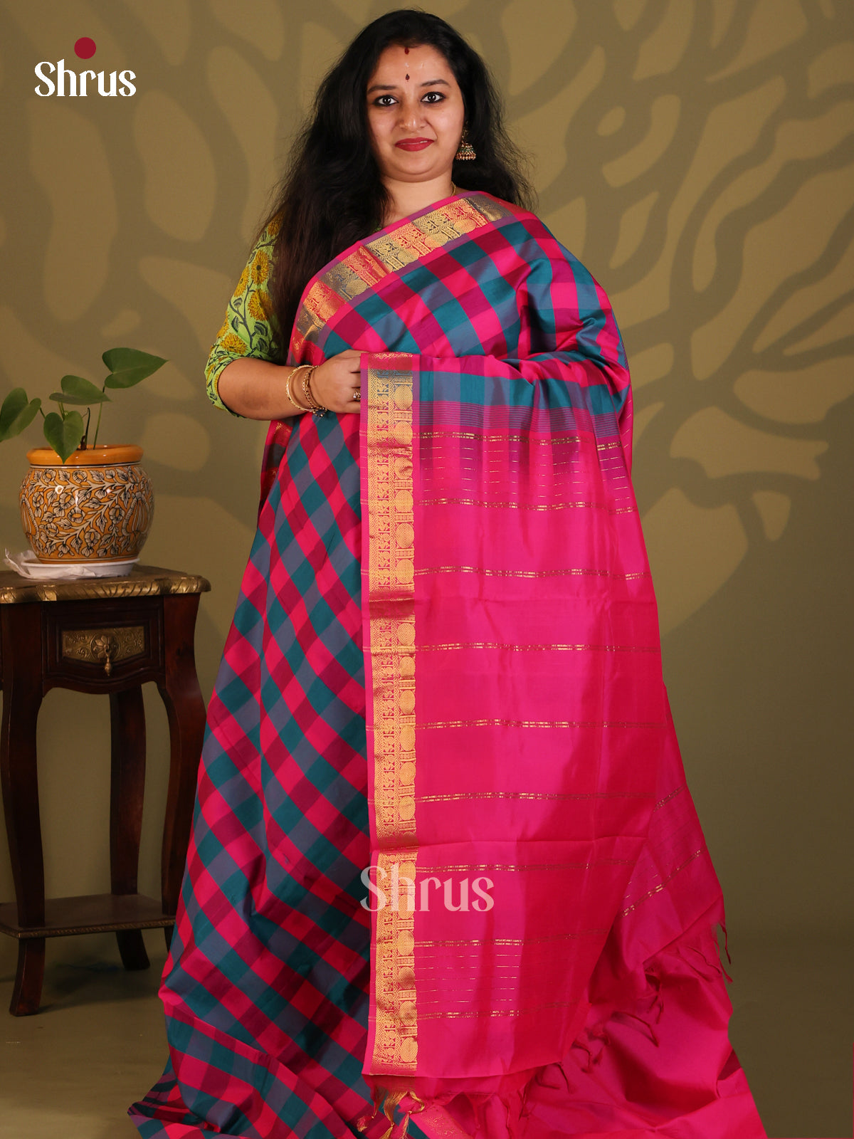 Pink & Blue- Silkcotton-halfpure Saree - Shop on Shrus.com