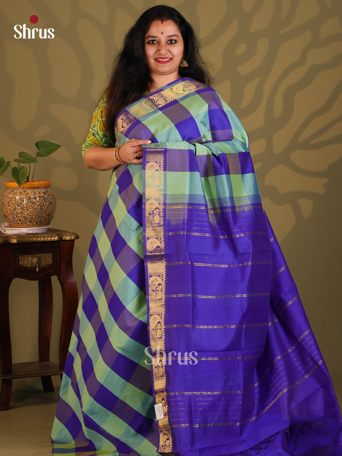 Green & Blue- Silkcotton-halfpure Saree - Shop on Shrus.com