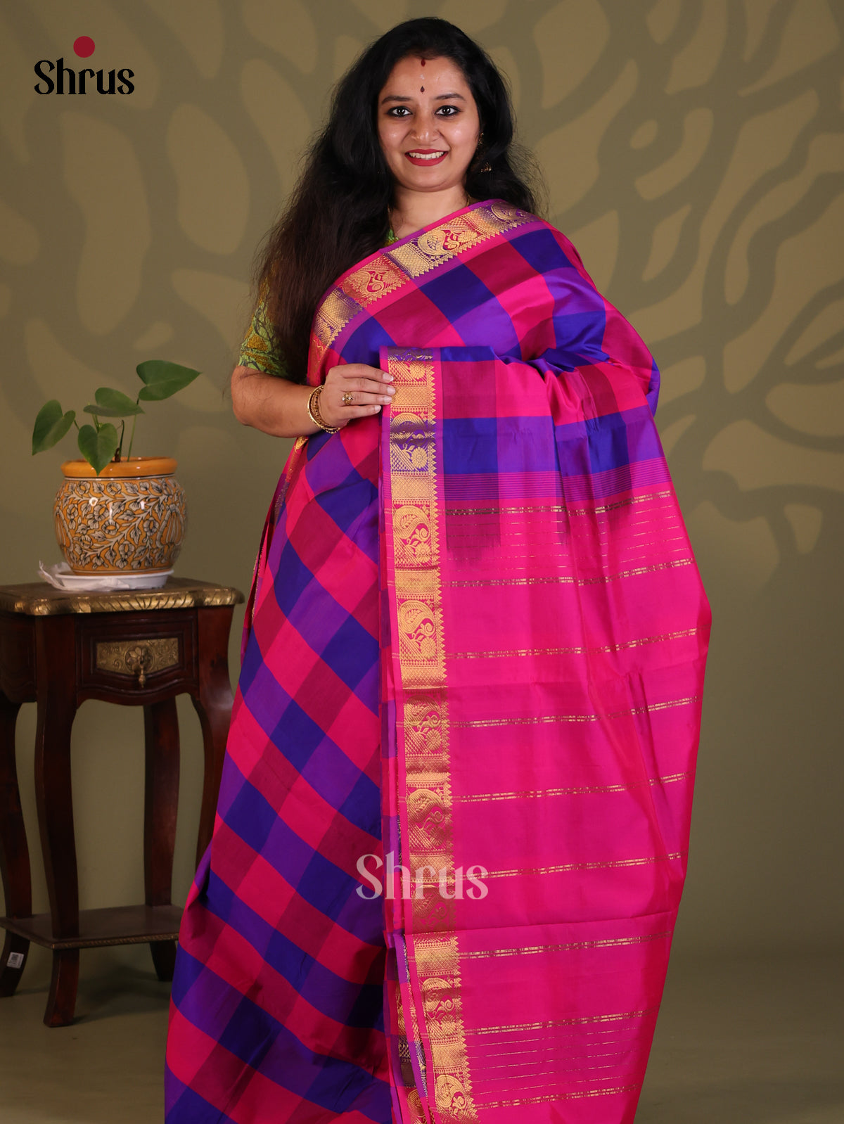 Pink & Blue- Silkcotton-halfpure Saree - Shop on Shrus.com