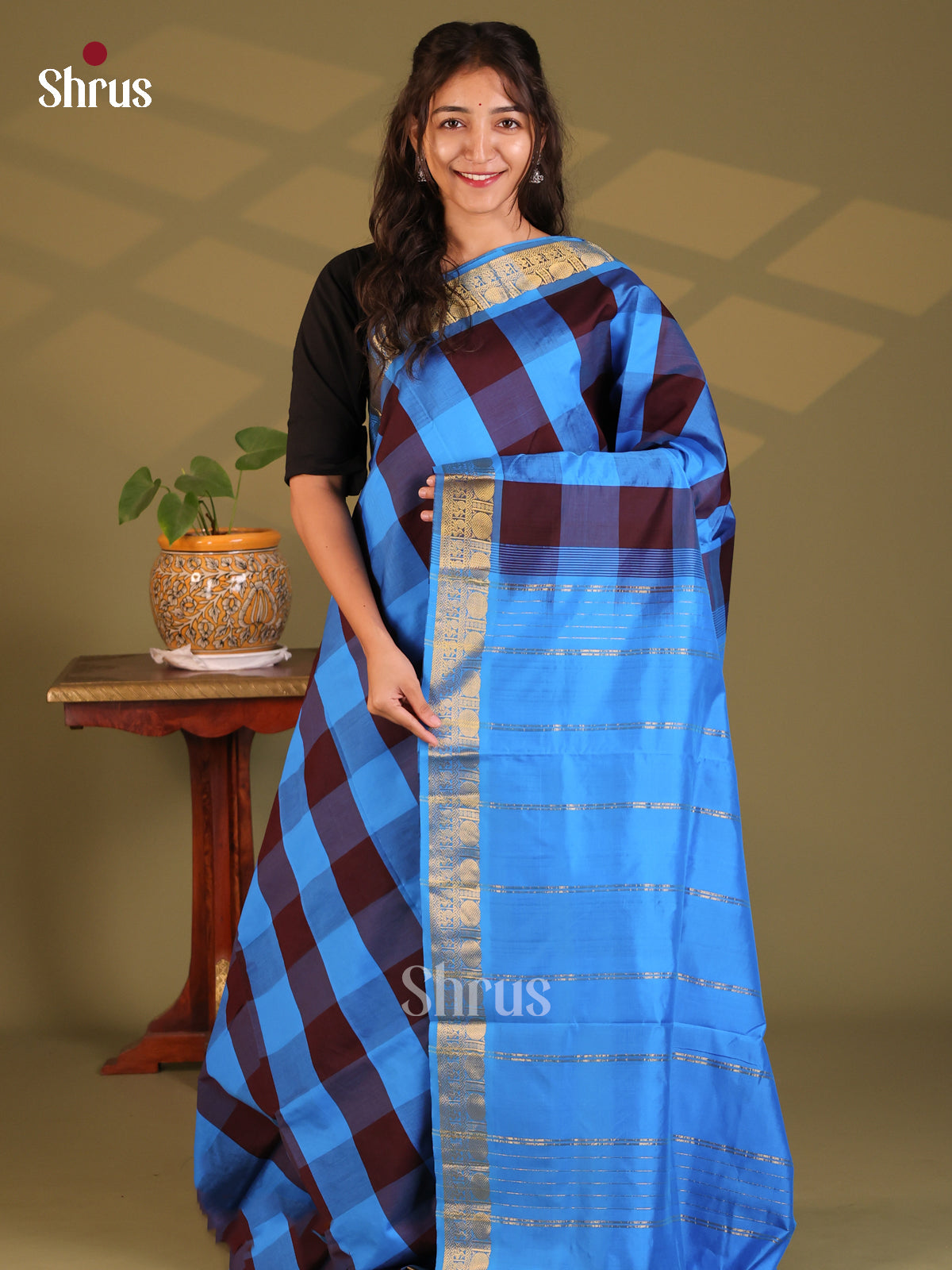Blue & Maroon- Silkcotton-halfpure Saree - Shop on Shrus.com