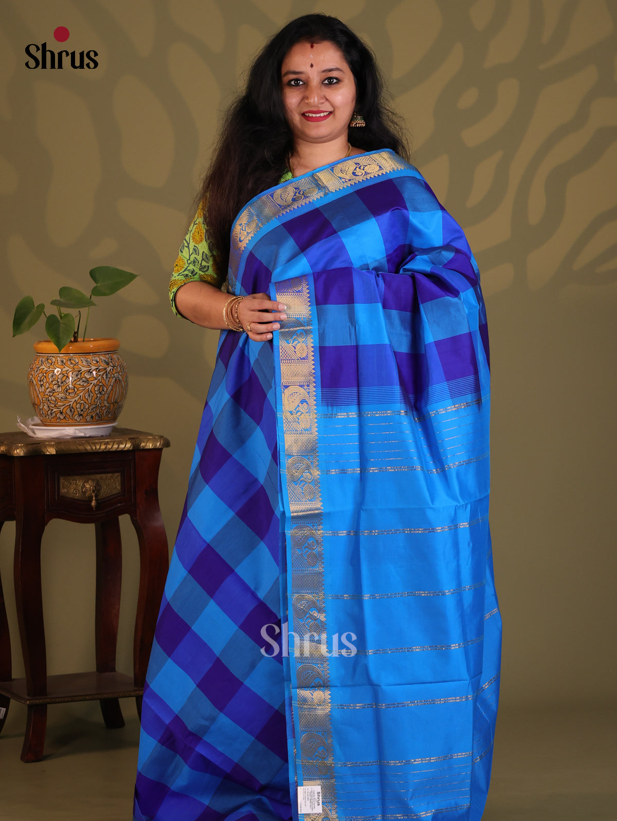 Blue & Teal- Silkcotton-halfpure Saree - Shop on Shrus.com