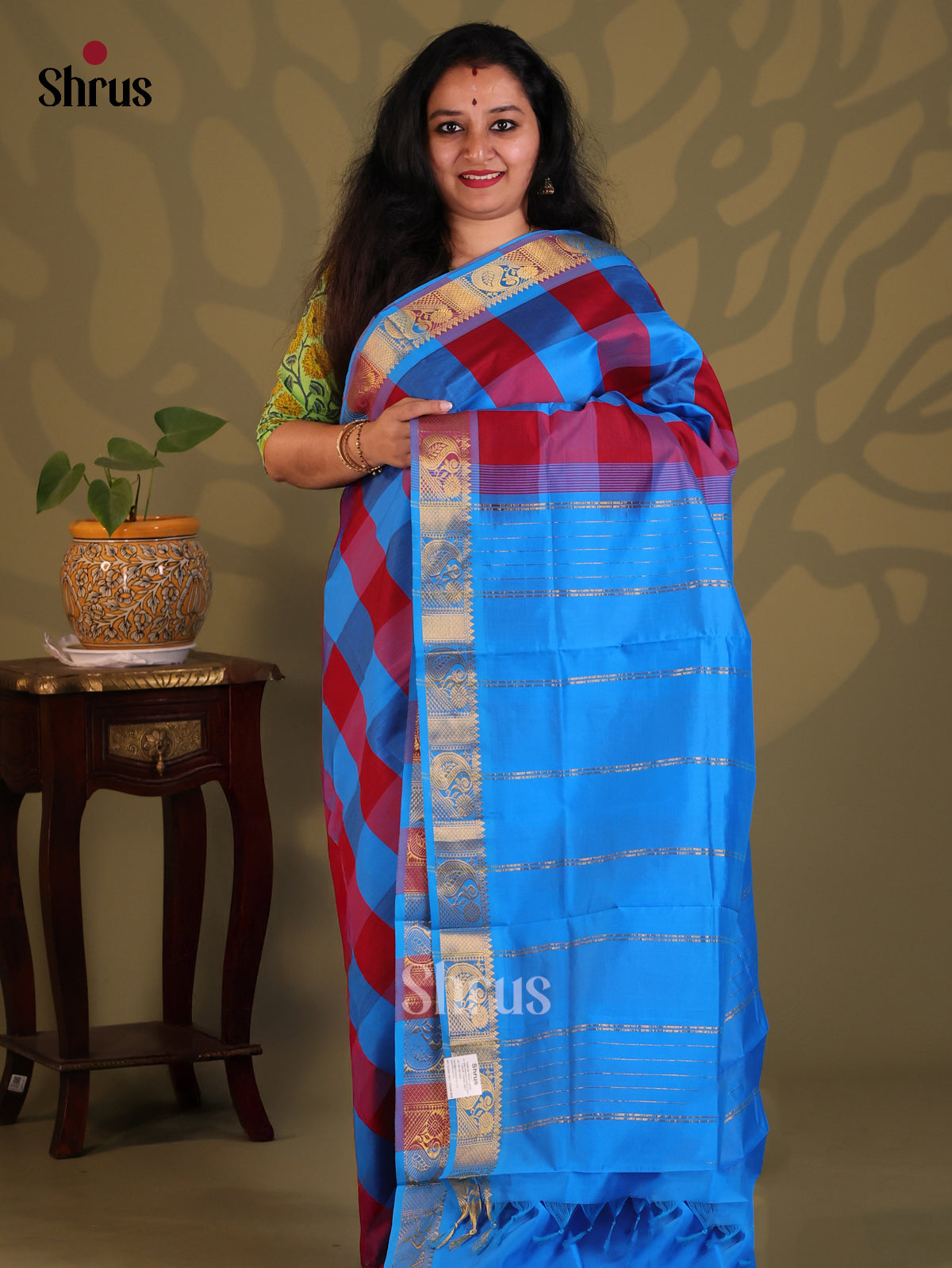 Maroon & Blue- Silkcotton-halfpure Saree - Shop on Shrus.com