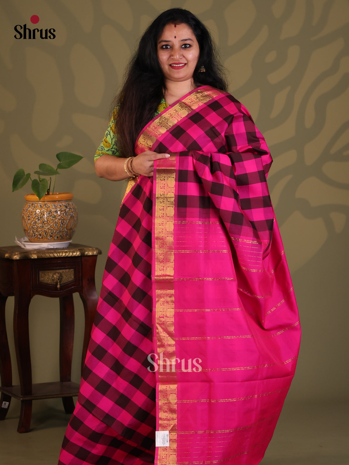 Pink & Black- Silkcotton-halfpure Saree - Shop on Shrus.com