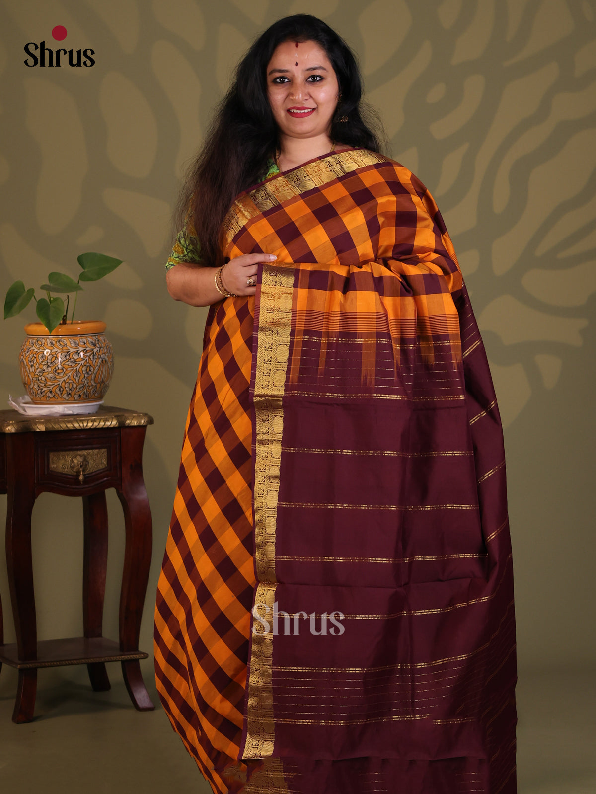 Mustard & Arakku Maroon- Silkcotton-halfpure Saree - Shop on Shrus.com