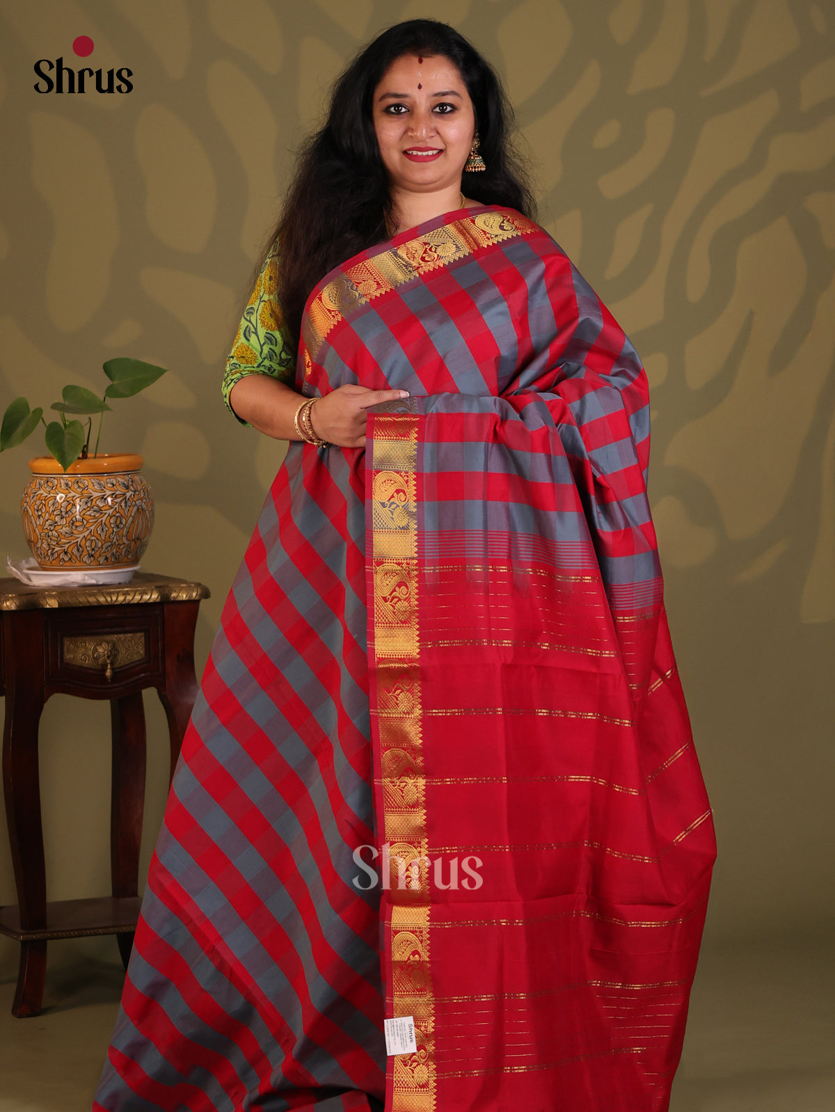 Grey & Red- Silkcotton-halfpure Saree - Shop on Shrus.com