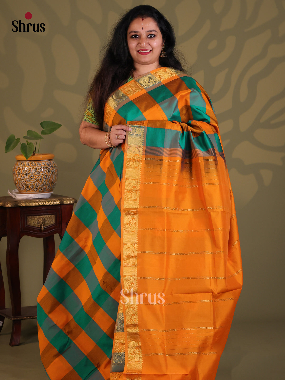 Green & Mustard- Silkcotton-halfpure Saree - Shop on Shrus.com