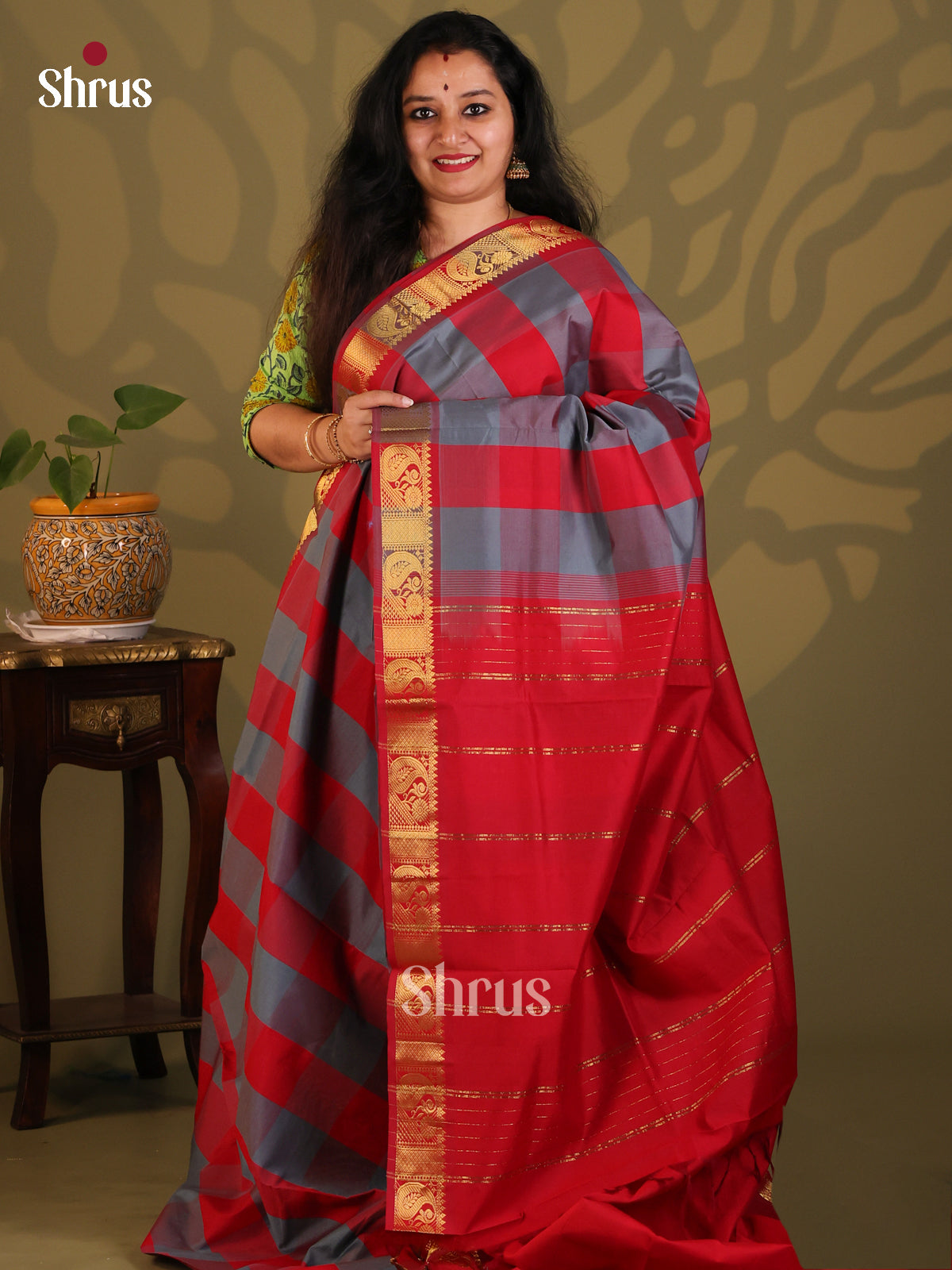 Grey & Red- Silkcotton-halfpure Saree - Shop on Shrus.com