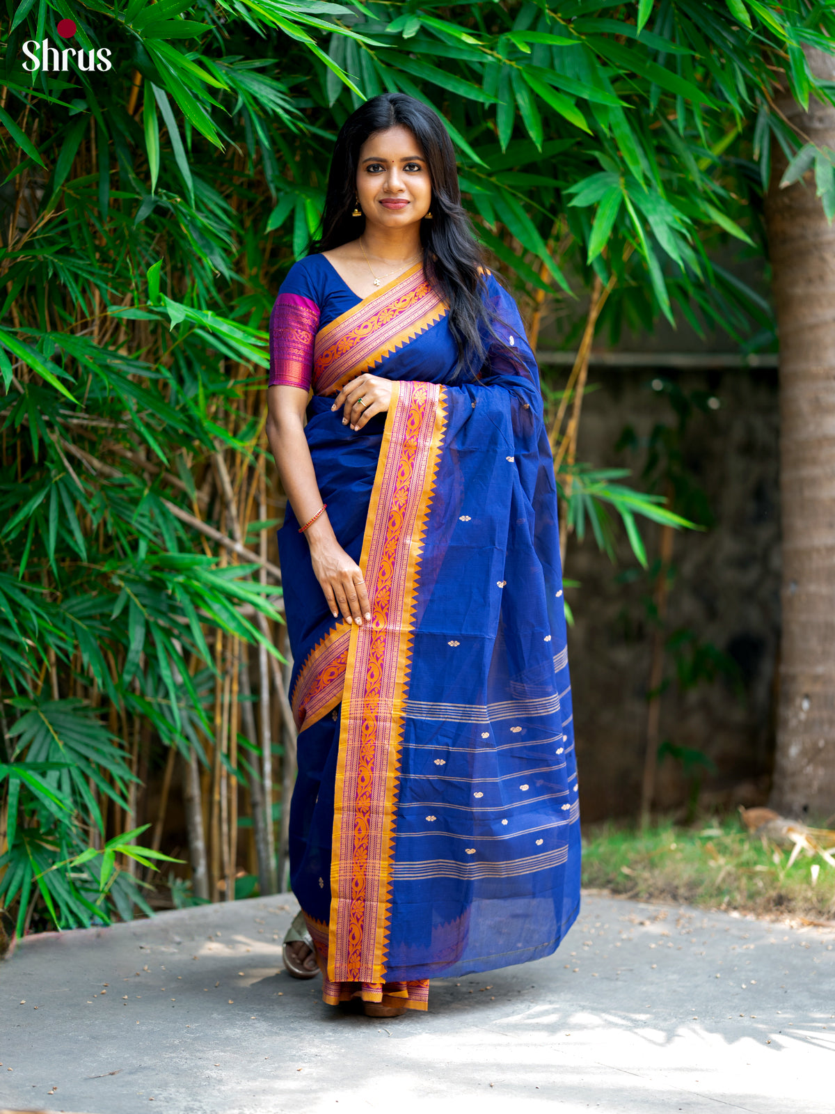 Pretty Blue Chettinad Cotton Saree With Thread Woven Buttas & Mustard Border - Shop on Shrus.com