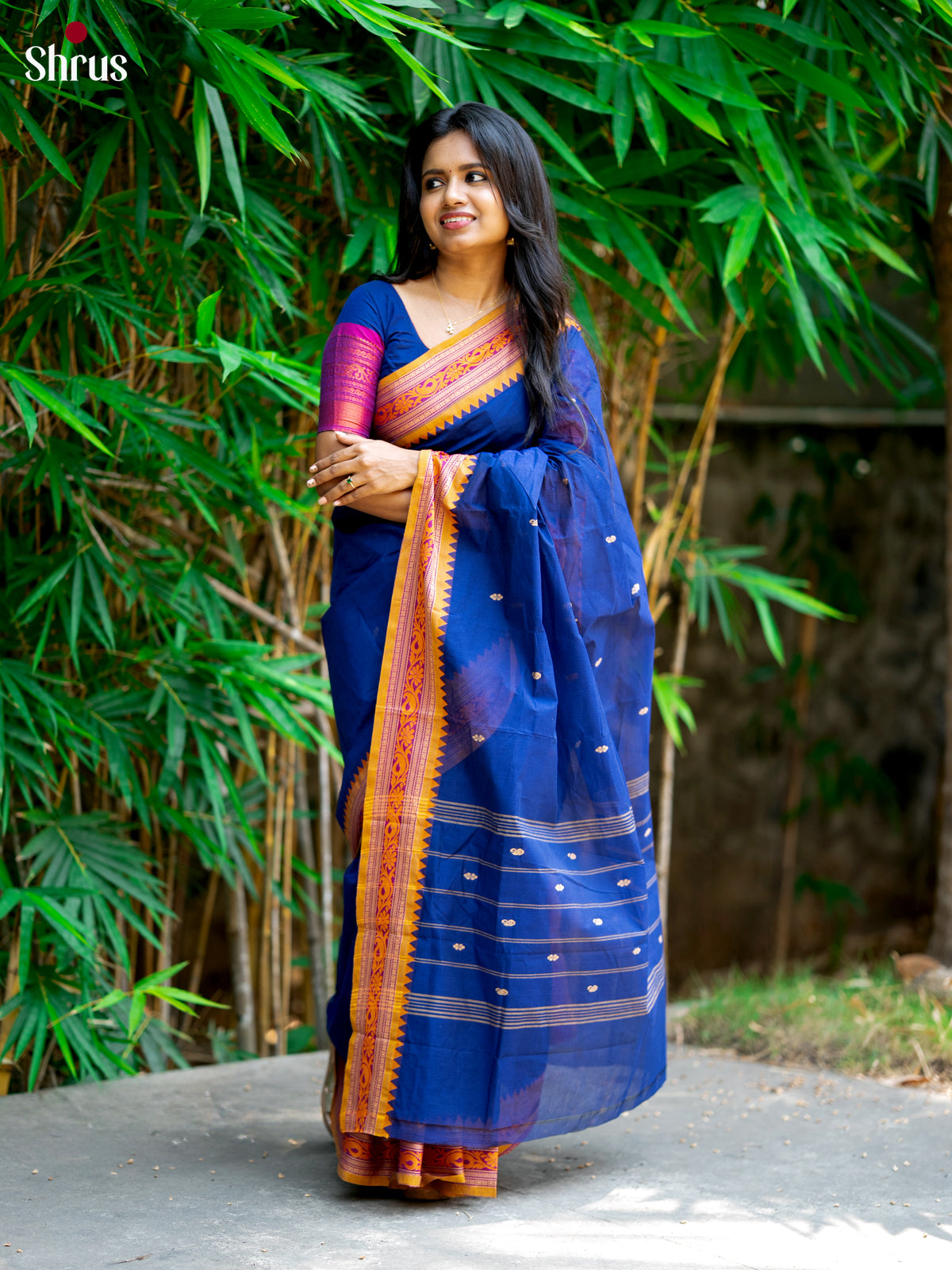 Pretty Blue Chettinad Cotton Saree With Thread Woven Buttas & Mustard Border - Shop on Shrus.com
