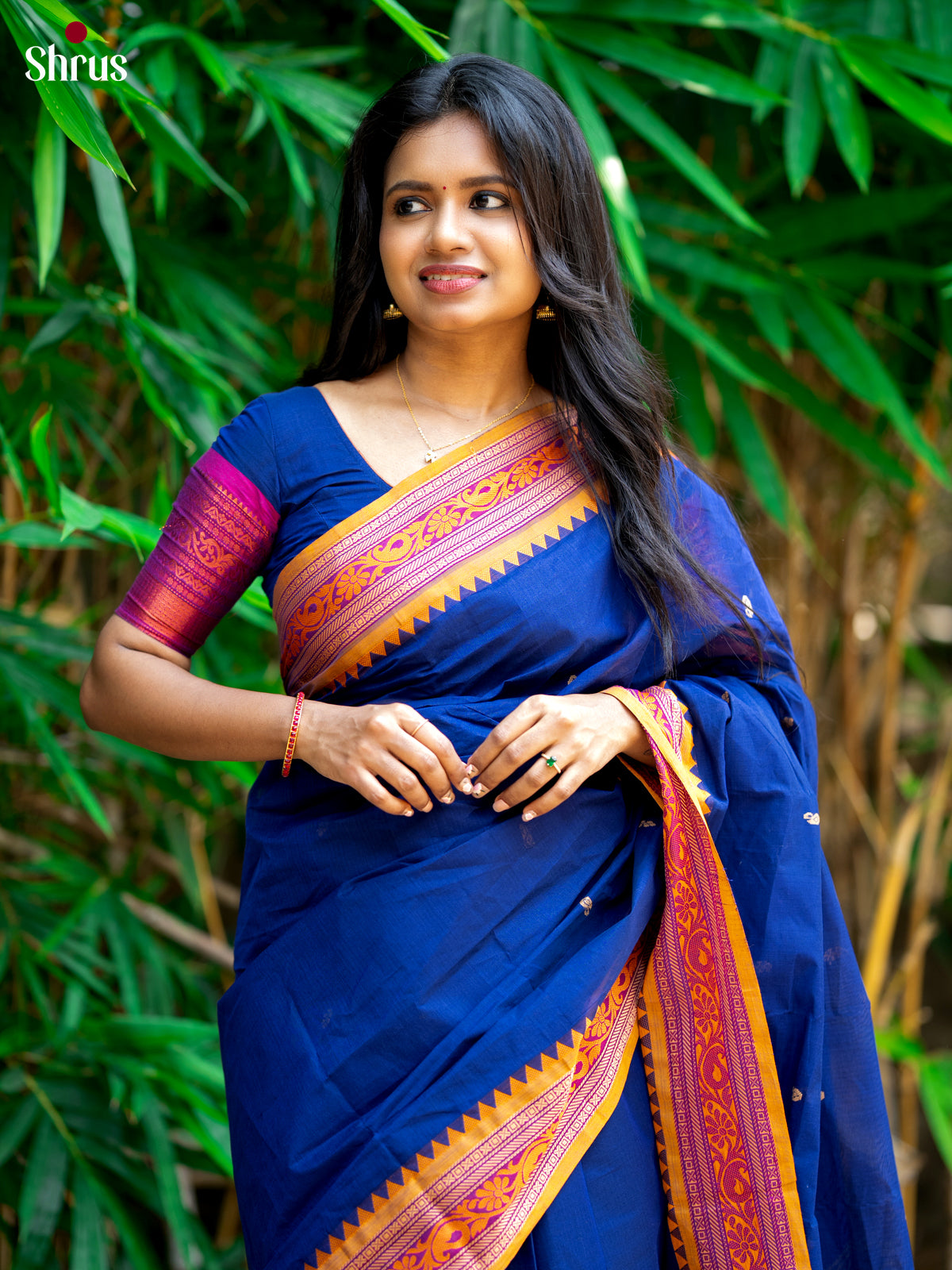 Pretty Blue Chettinad Cotton Saree With Thread Woven Buttas & Mustard Border - Shop on Shrus.com