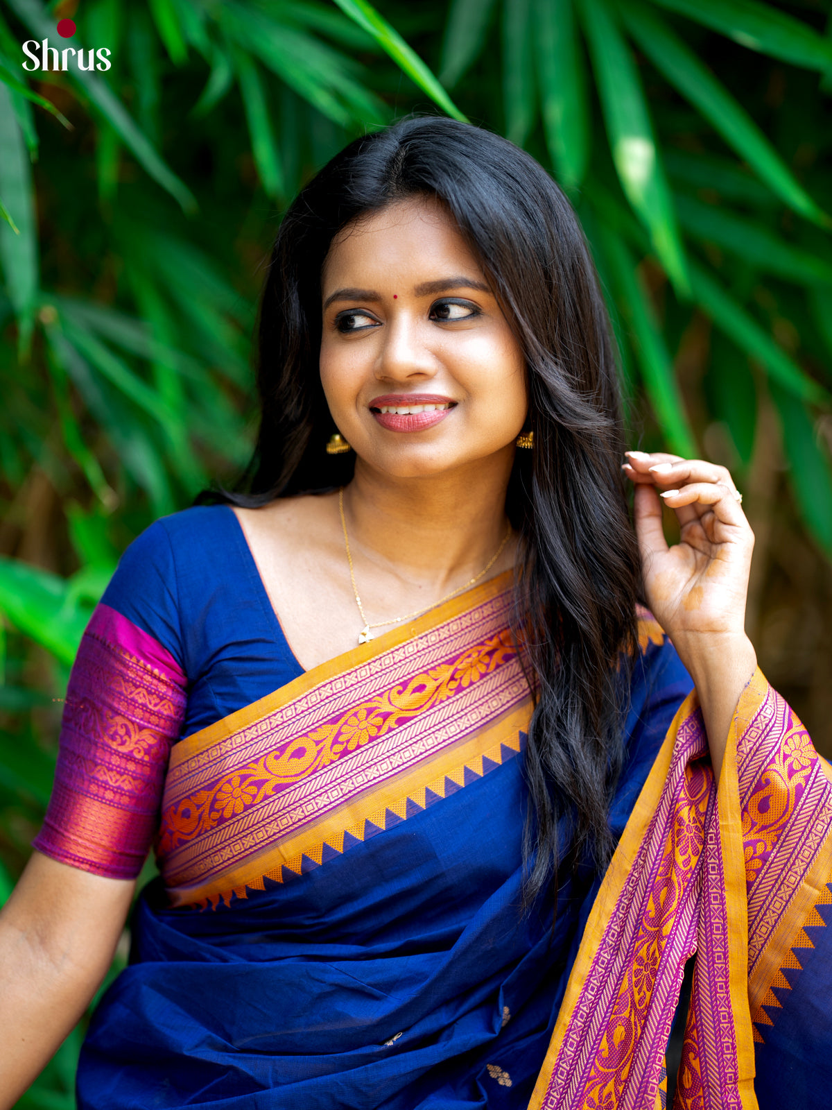 Pretty Blue Chettinad Cotton Saree With Thread Woven Buttas & Mustard Border - Shop on Shrus.com