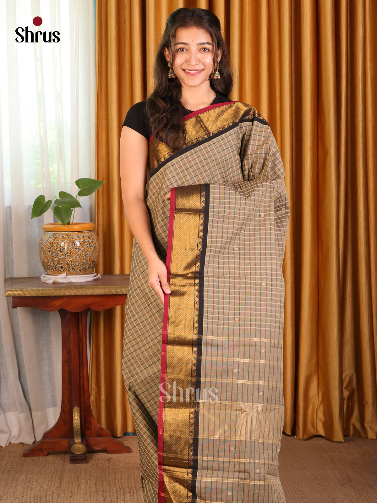 Grey with Black - Chettinad Cotton Saree - Shop on Shrus.com