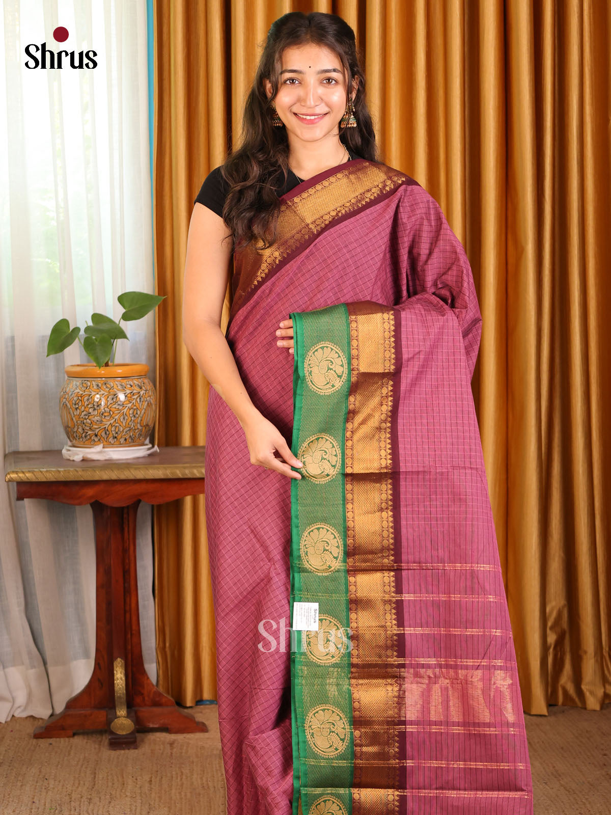 Elegant Dark Pink Chettinad Cotton Saree with Maroon Zari Border & Self Pallu - Shop on Shrus.com
