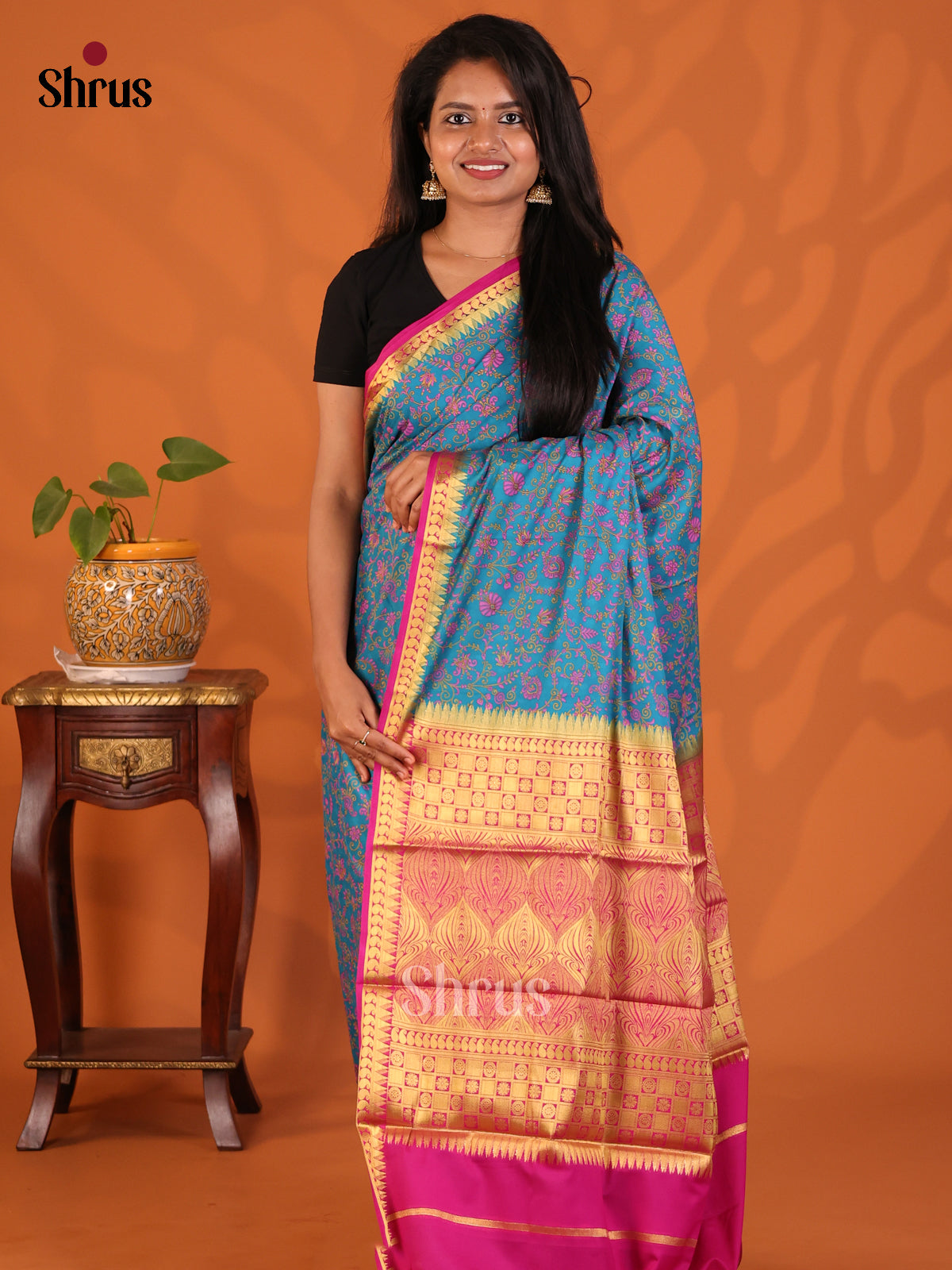 Blue with Pink- Semi Mysoresilk Saree - Shop on Shrus.com