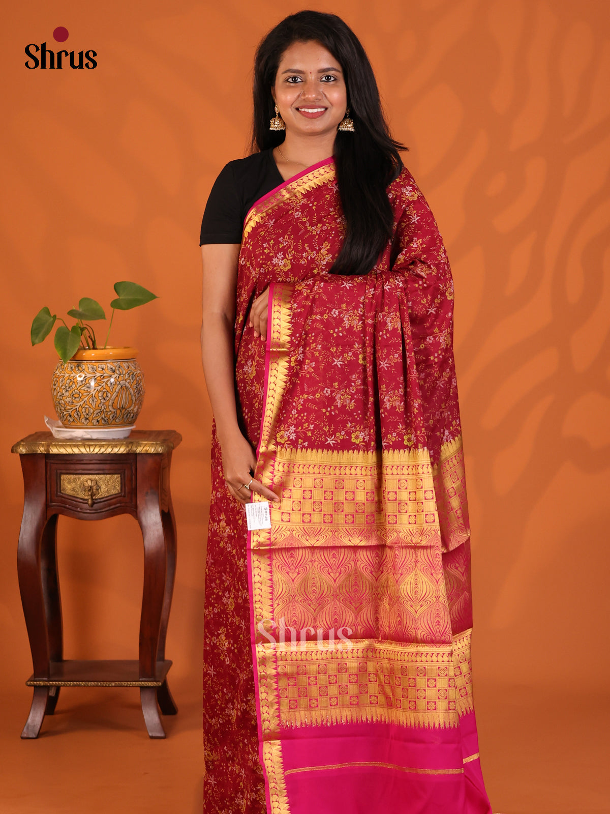 Maroon with Pink - Semi Mysoresilk Saree - Shop on Shrus.com