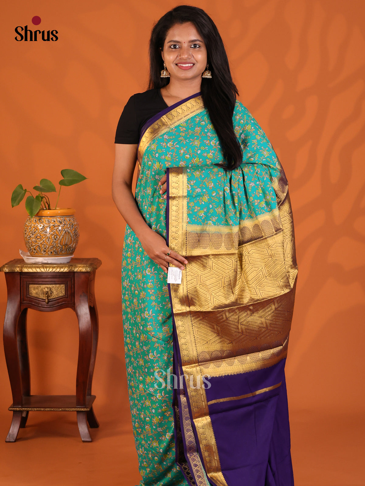 Teal with Violet- Semi Mysoresilk Saree - Shop on Shrus.com