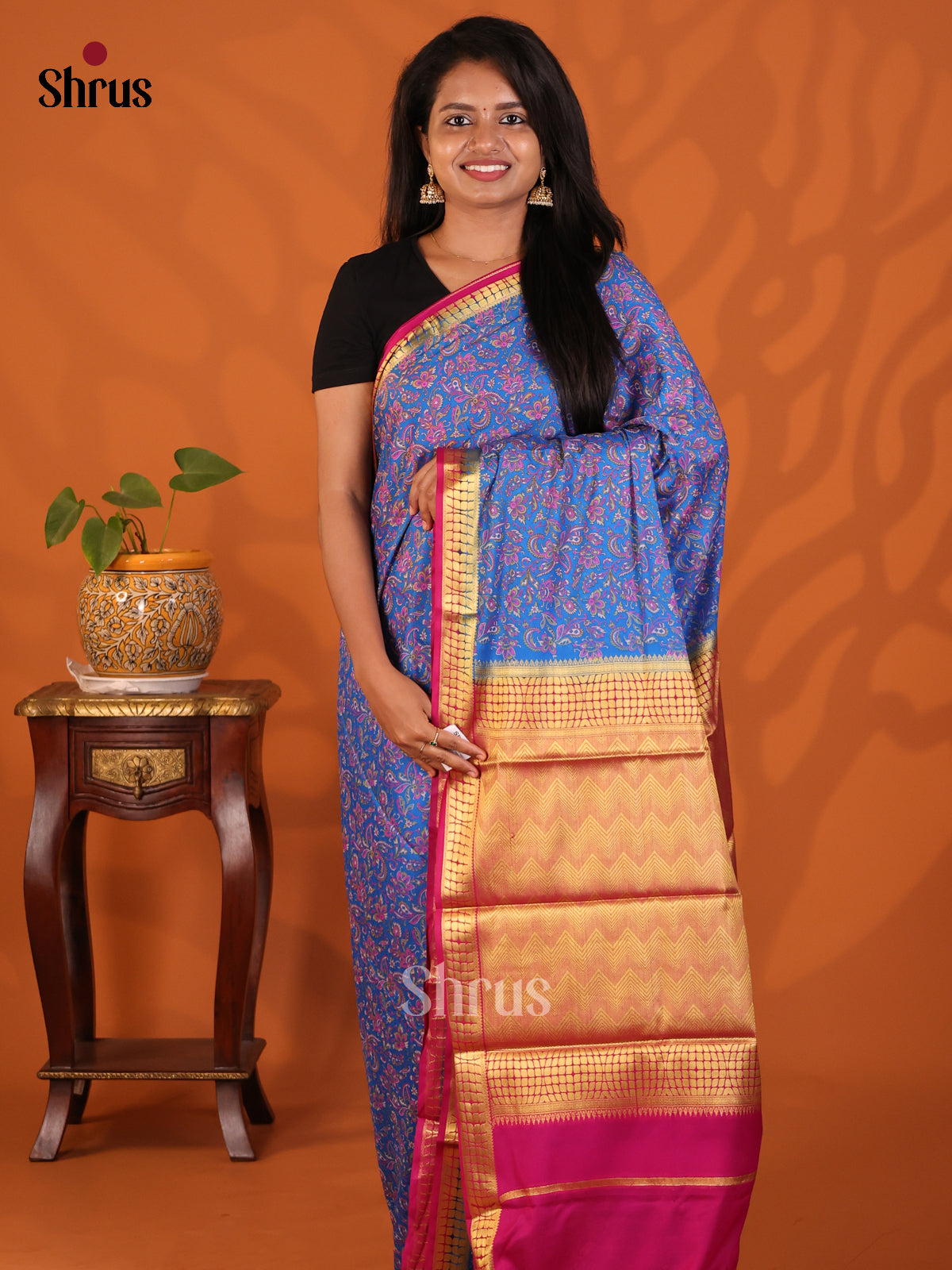 Blue with Pink- Semi Mysoresilk Saree - Shop on Shrus.com