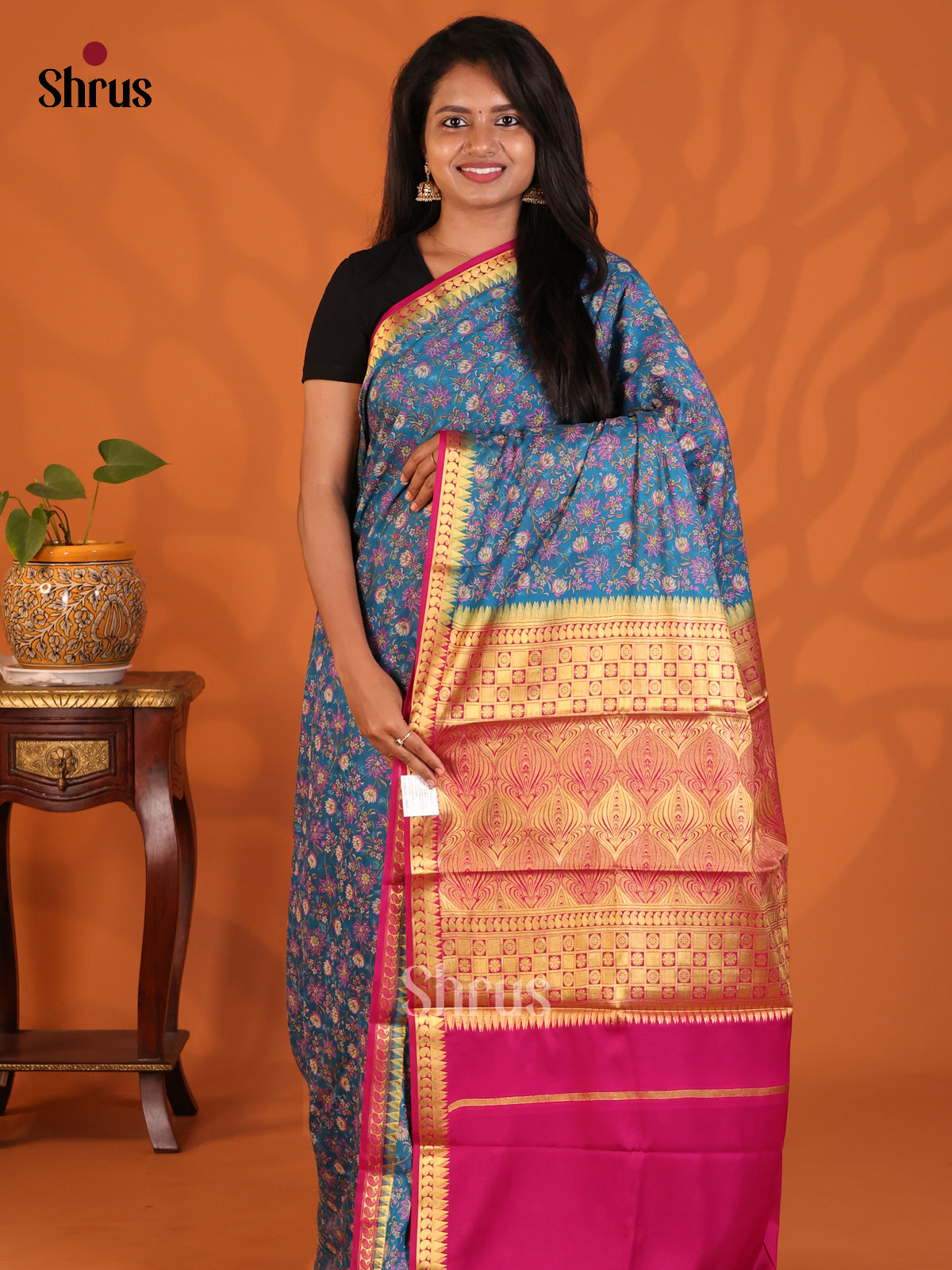 Blue with Pink - Semi Mysoresilk Saree - Shop on Shrus.com