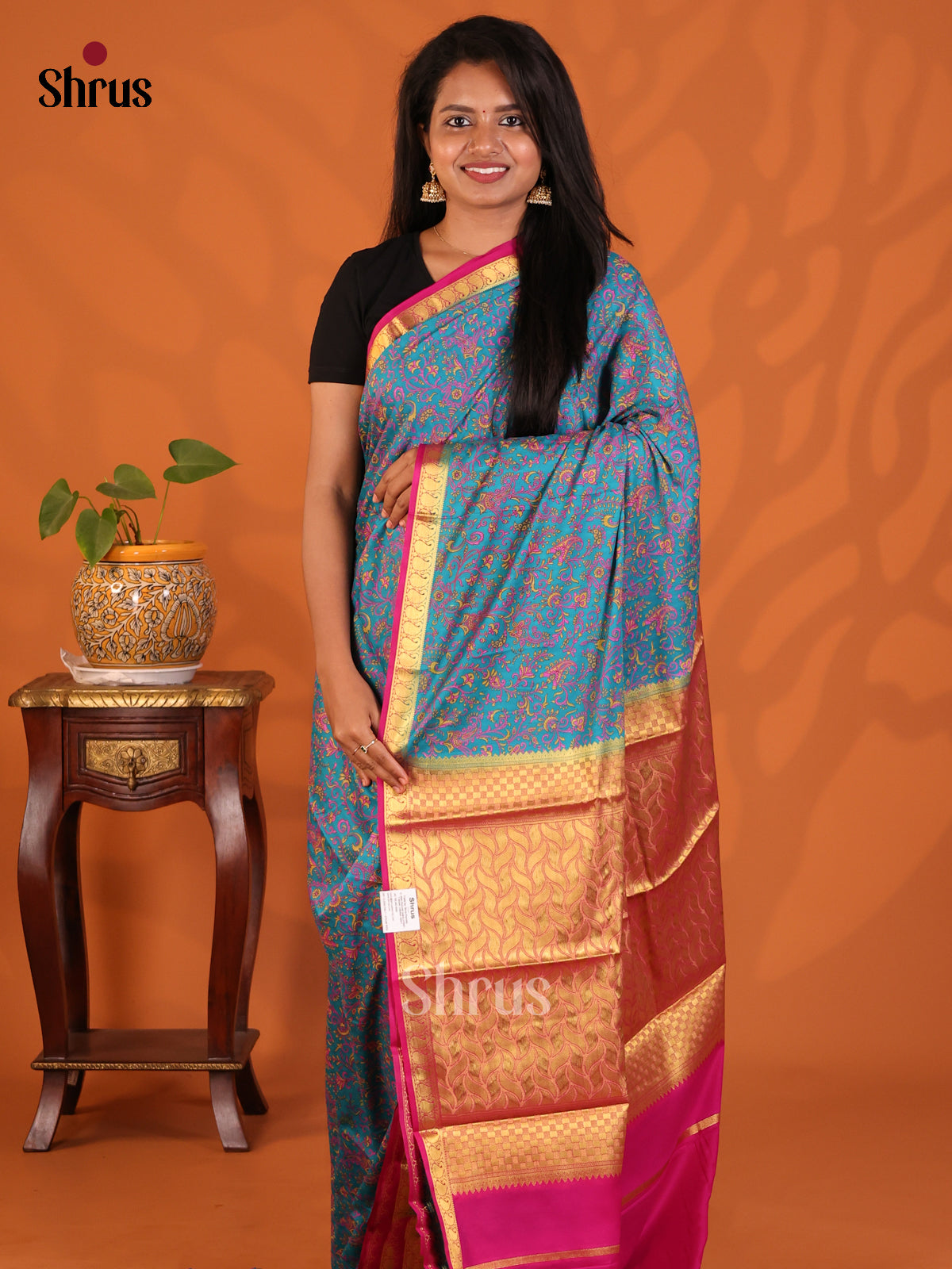 Blue with pink- Semi Mysoresilk Saree - Shop on Shrus.com
