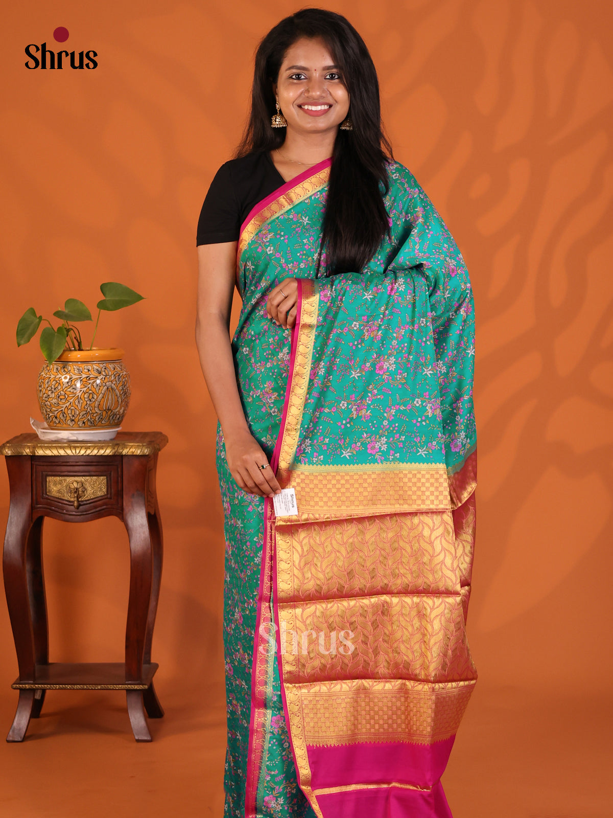 Blue with Pink- Semi Mysoresilk Saree - Shop on Shrus.com