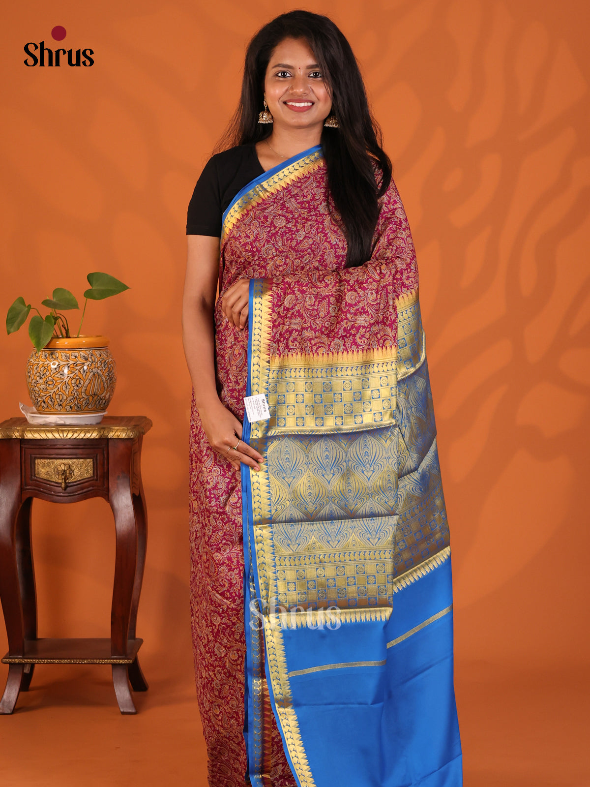 Maroon with Blue - Semi Mysoresilk Saree - Shop on Shrus.com