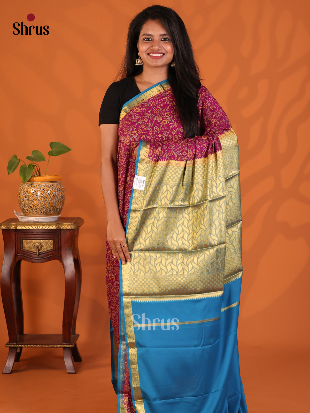 Purple with Blue - Semi Mysoresilk Saree - Shop on Shrus.com