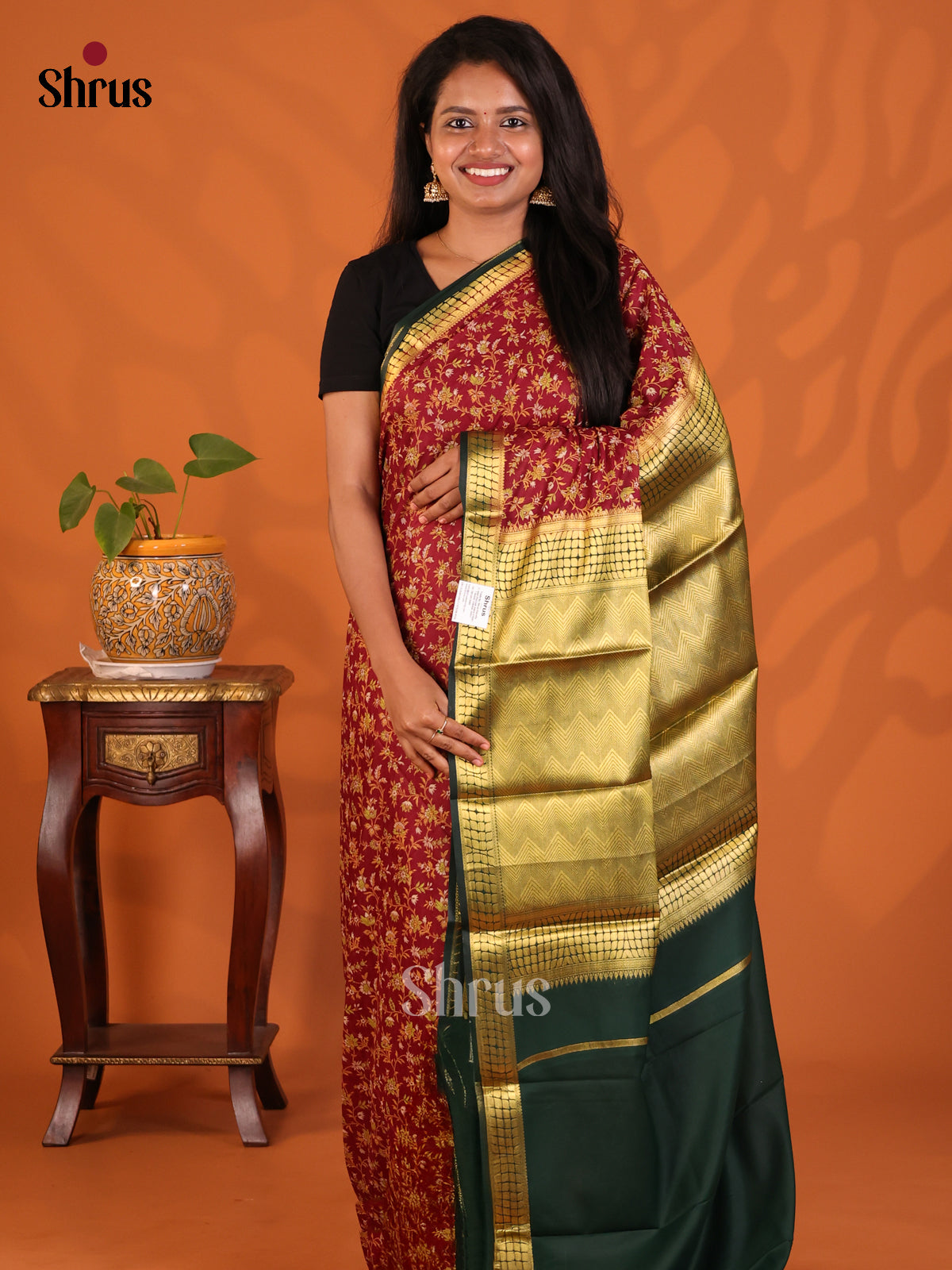 Maroon with green - Semi Mysoresilk Saree - Shop on Shrus.com