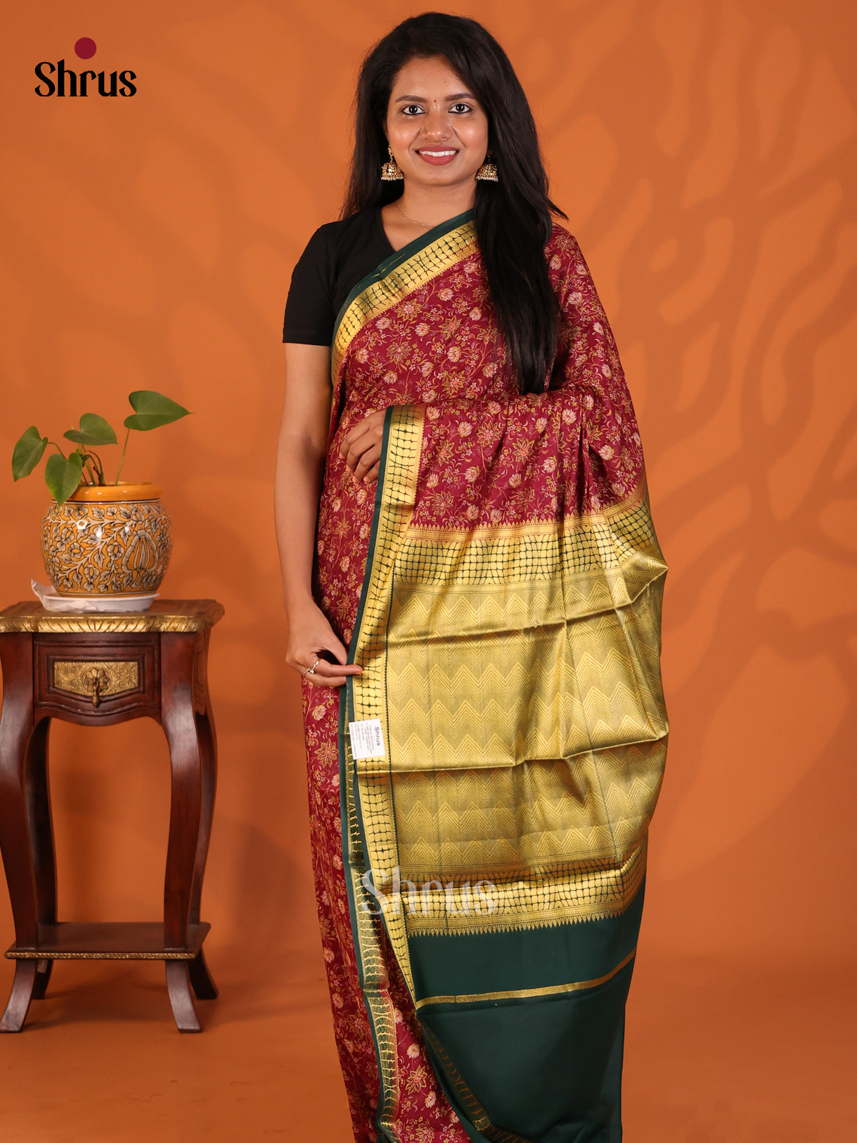 Maroon with Green - Semi Mysoresilk Saree - Shop on Shrus.com