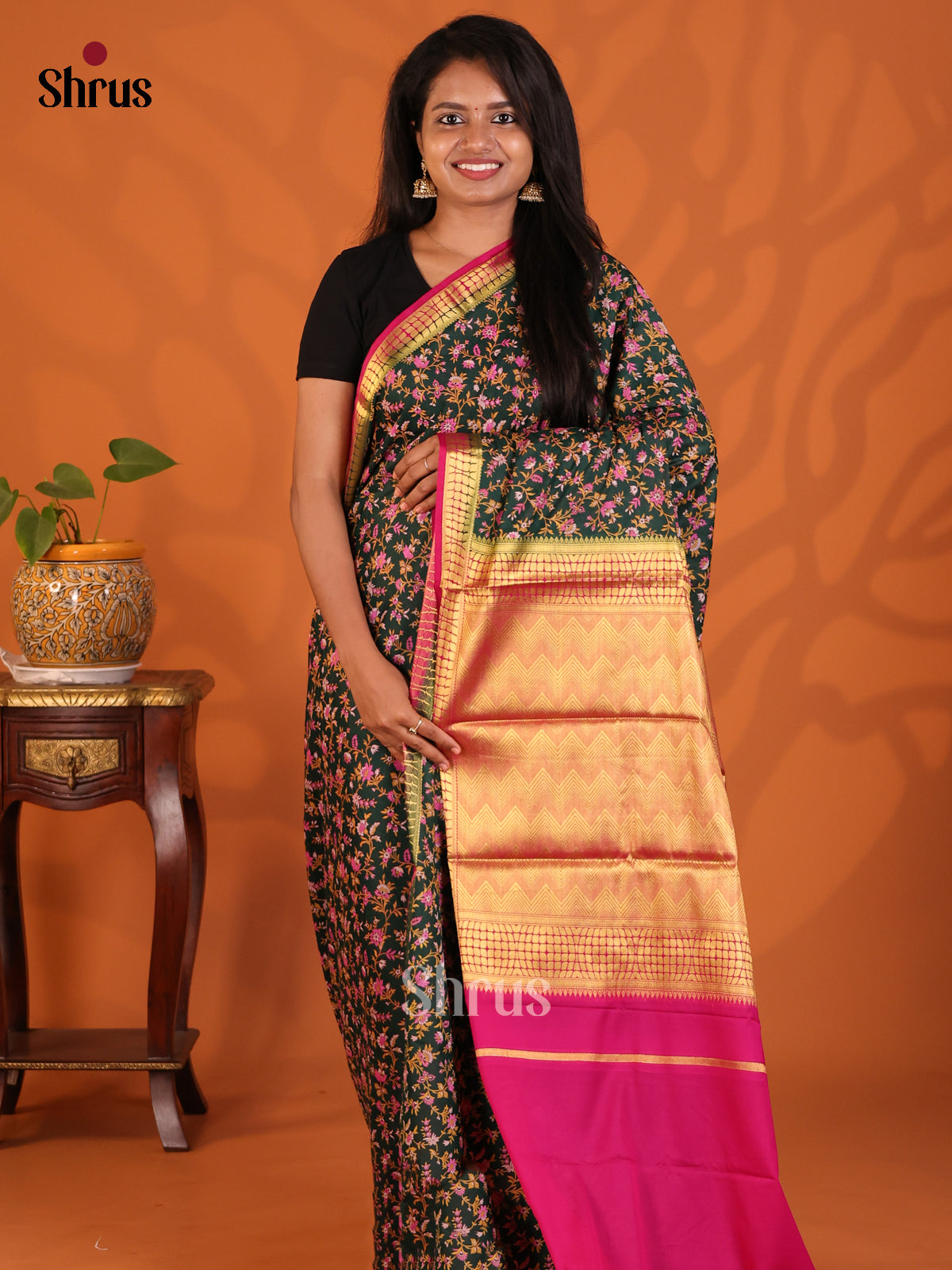 Dark Green with Pink - Semi Mysoresilk Saree - Shop on Shrus.com