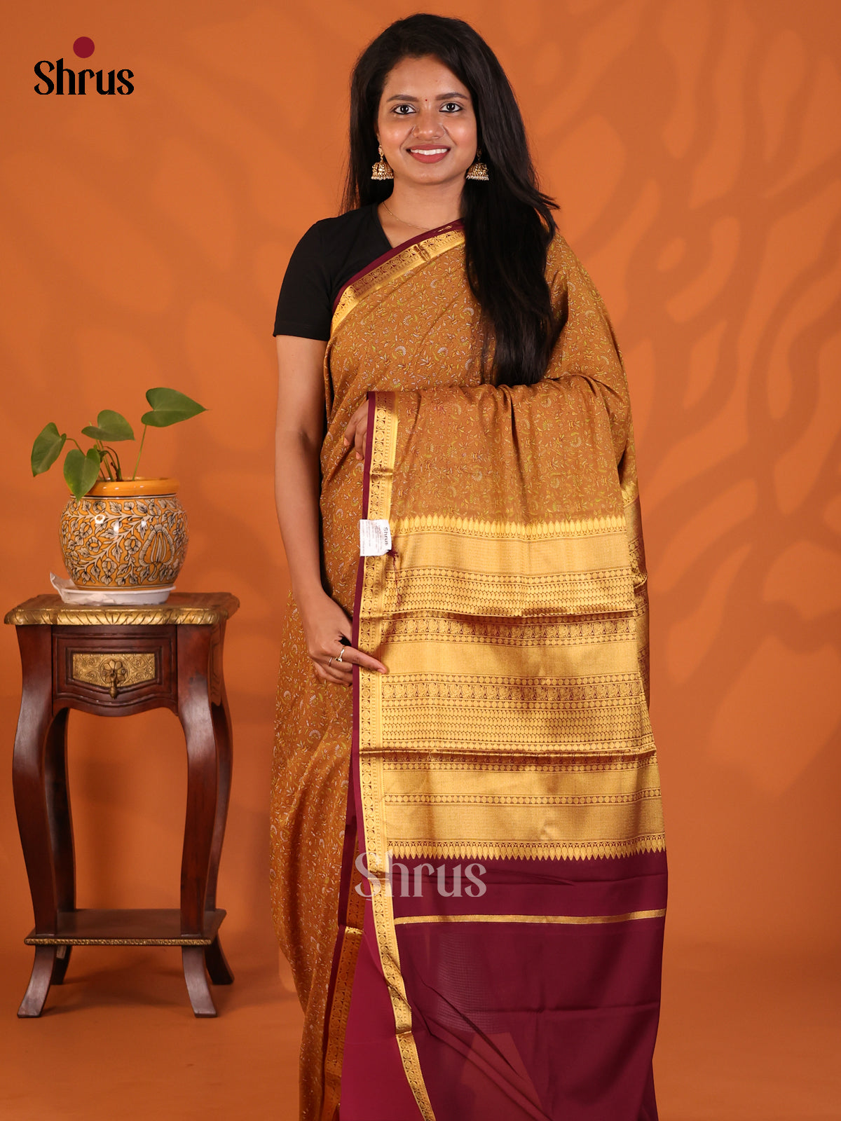 Brown with Maroon - Semi Mysoresilk Saree - Shop on Shrus.com