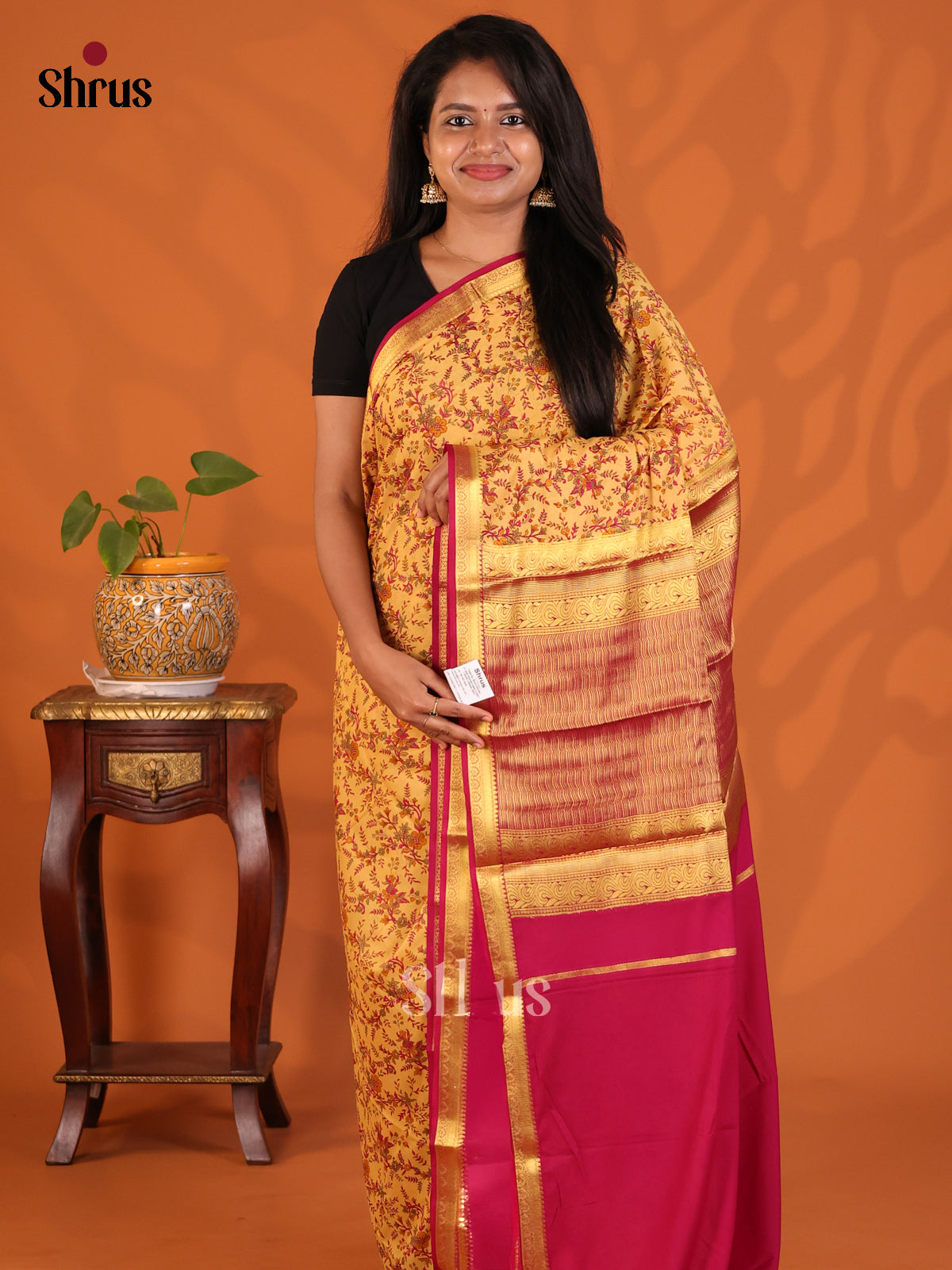Mustard with Maroon- Semi Mysoresilk Saree - Shop on Shrus.com
