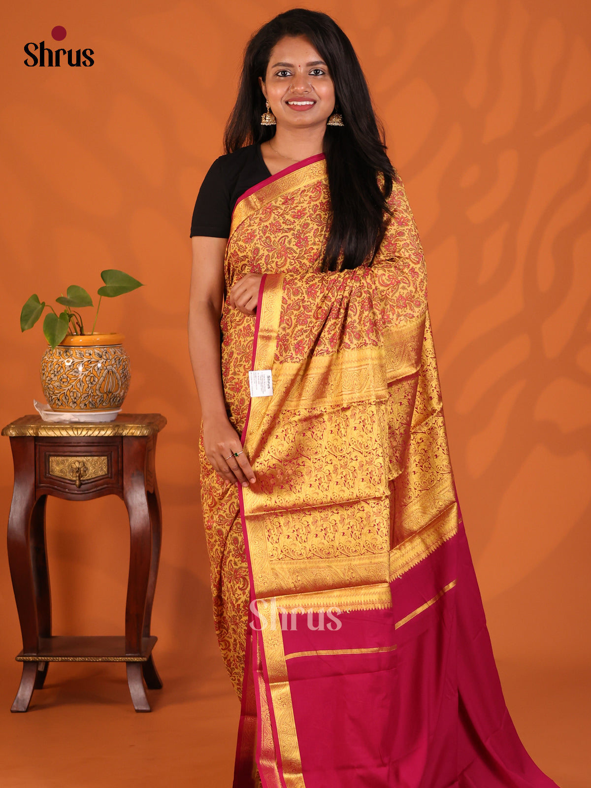 Mustard with Maroon - Semi Mysoresilk Saree - Shop on Shrus.com