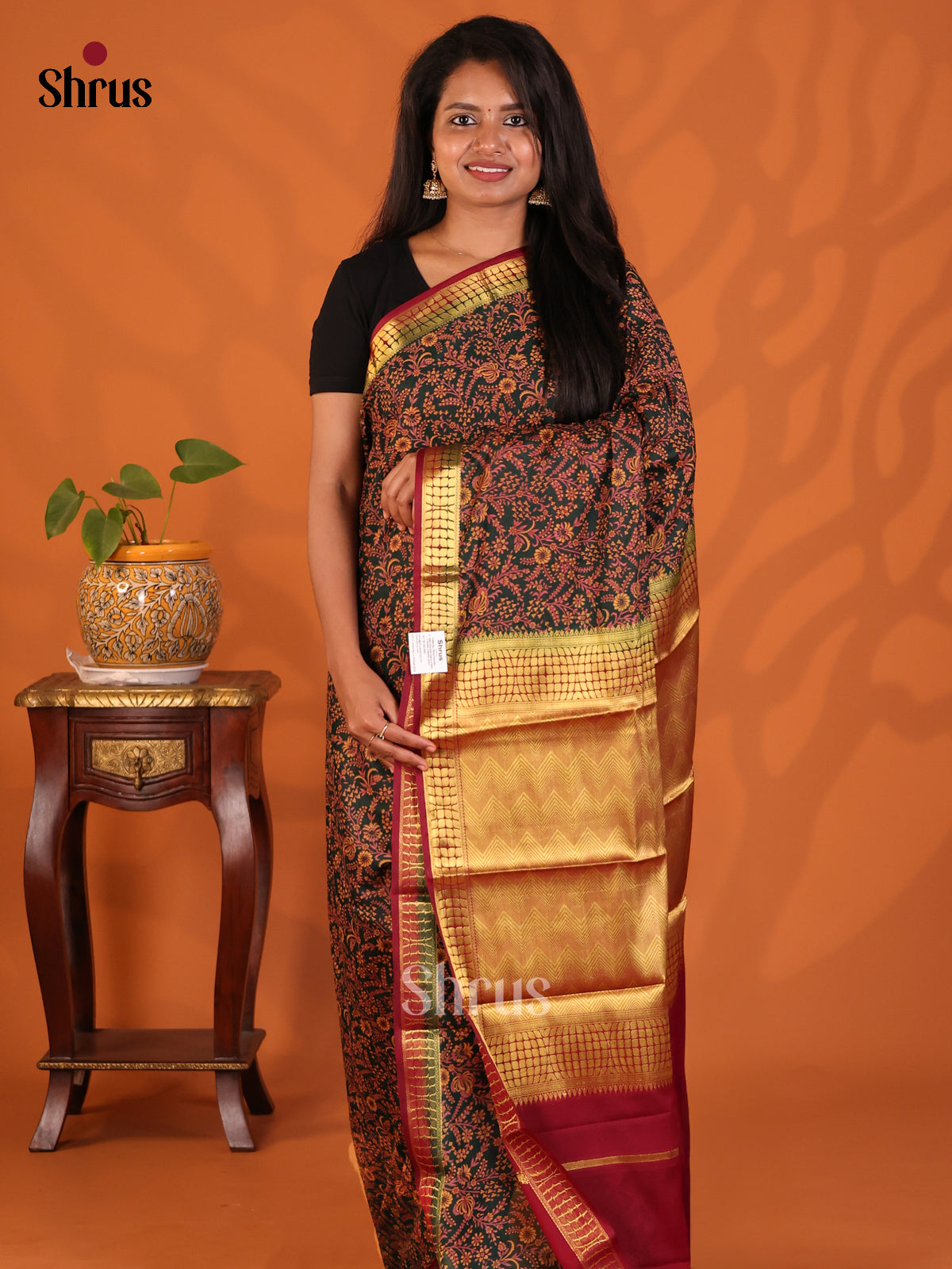Dark Green & Maroon - Semi Mysoresilk Saree - Shop on Shrus.com