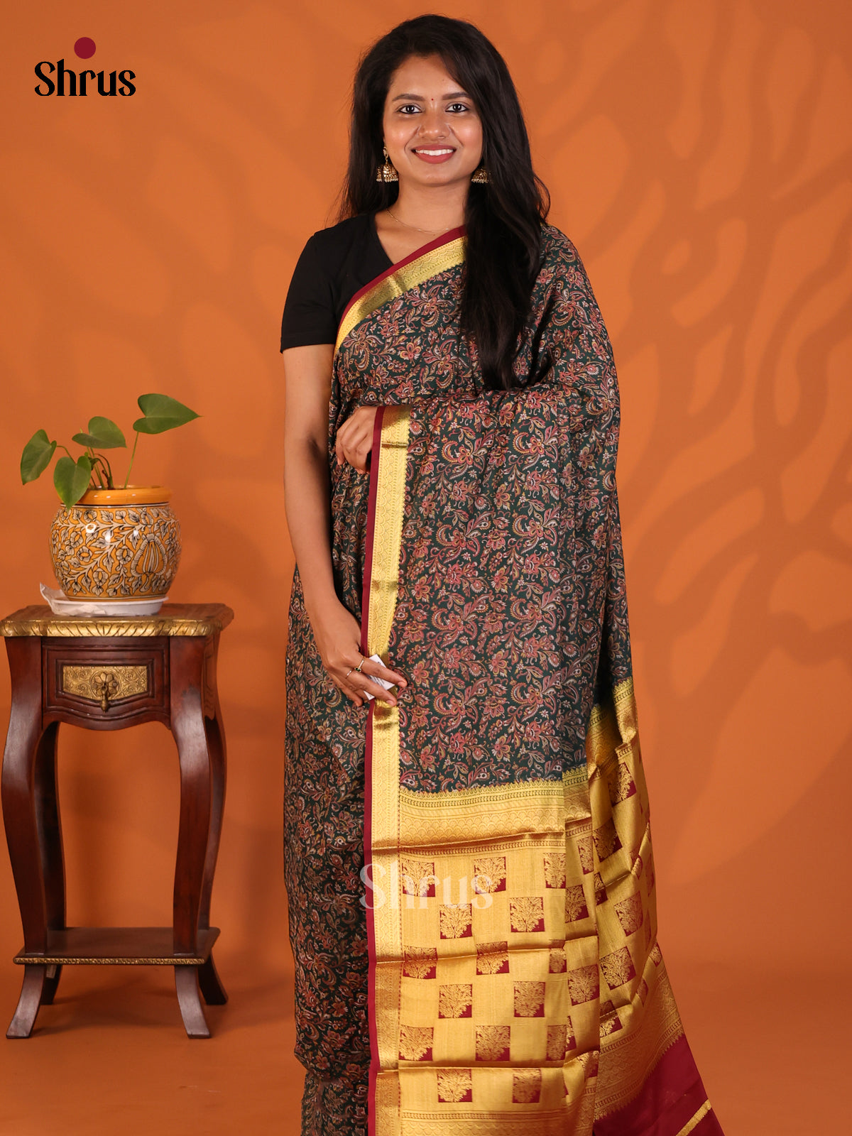 Dark Green with Maroon - Semi Mysoresilk Saree - Shop on Shrus.com