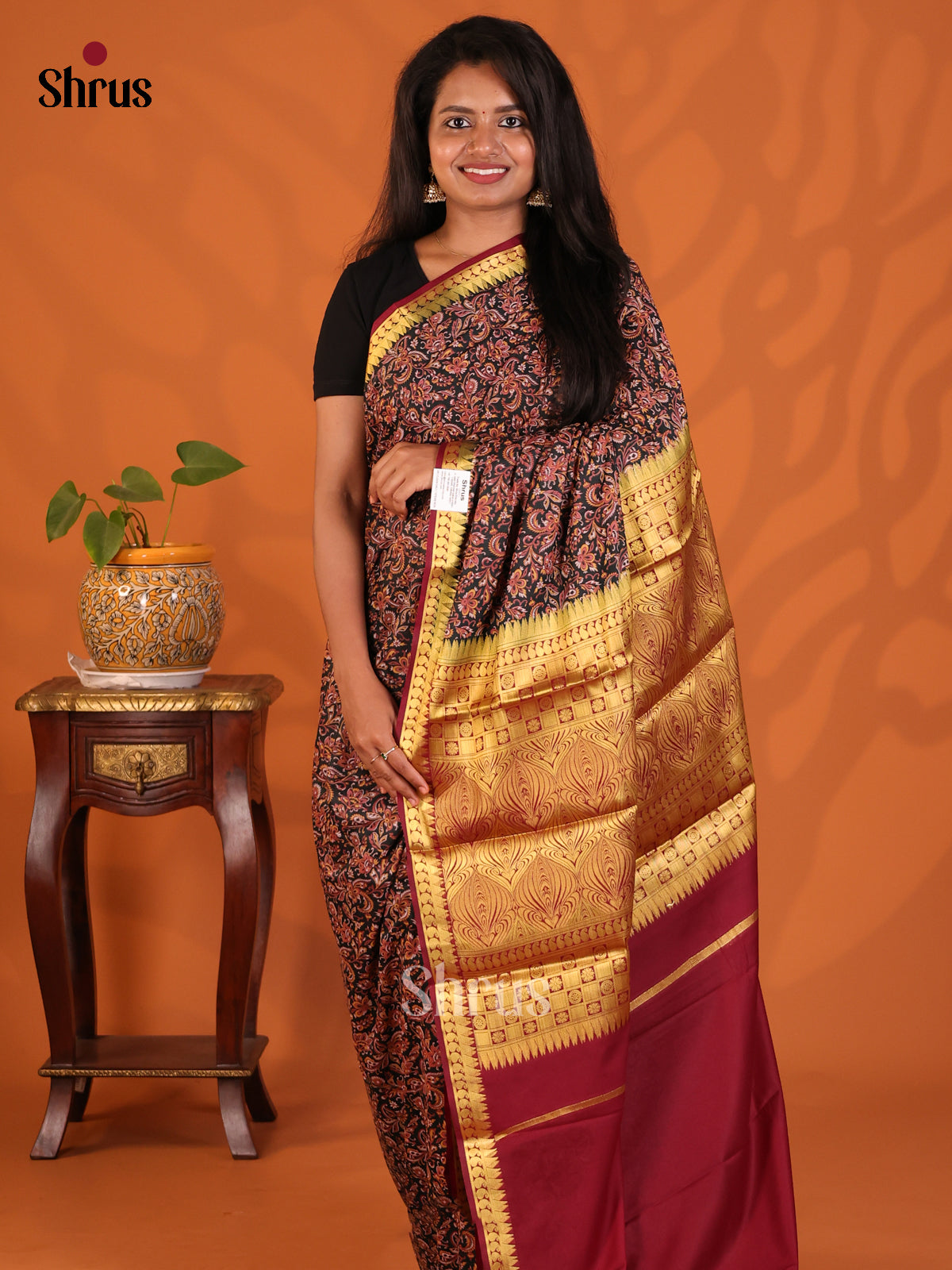 Dark green with Maroon - Semi Mysoresilk Saree - Shop on Shrus.com