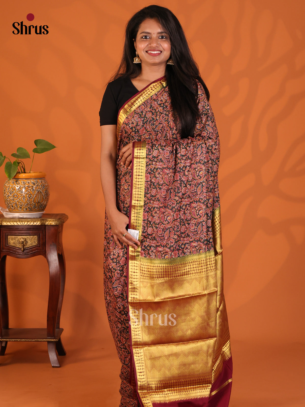 Dark Green with Maroon- Semi Mysoresilk Saree - Shop on Shrus.com