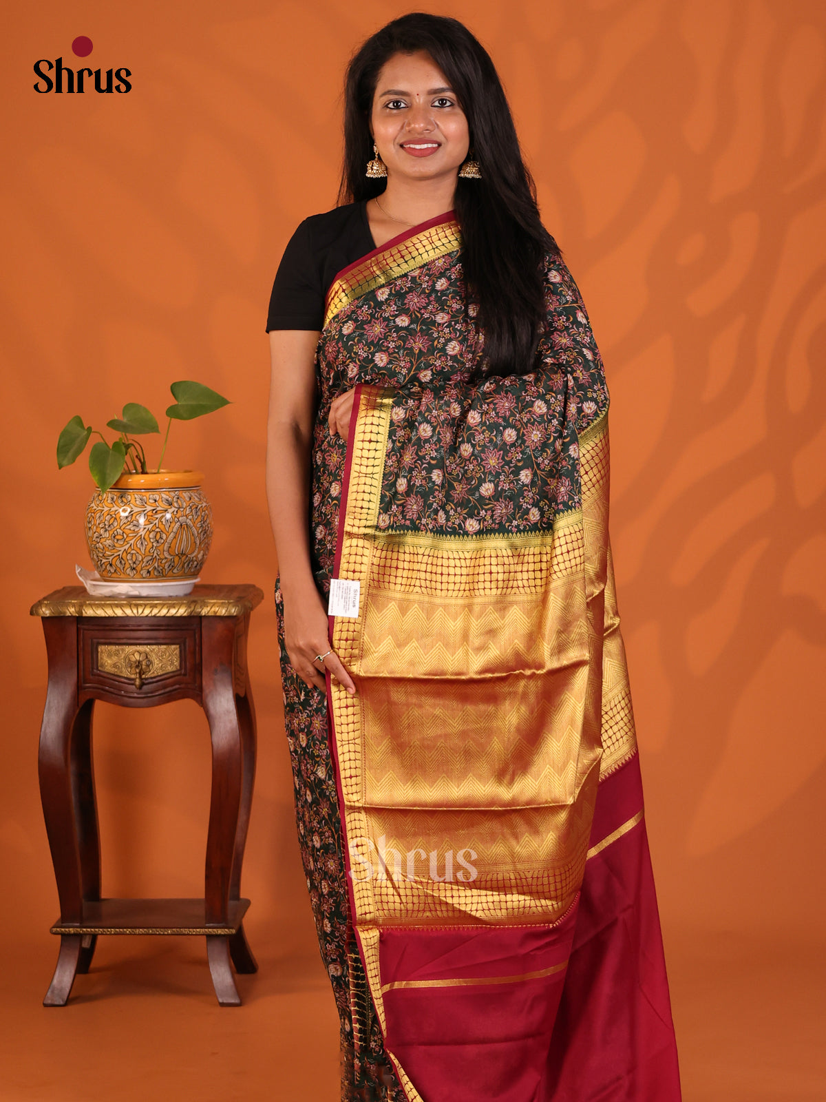Dark Green with Maroon - Semi Mysoresilk Saree - Shop on Shrus.com