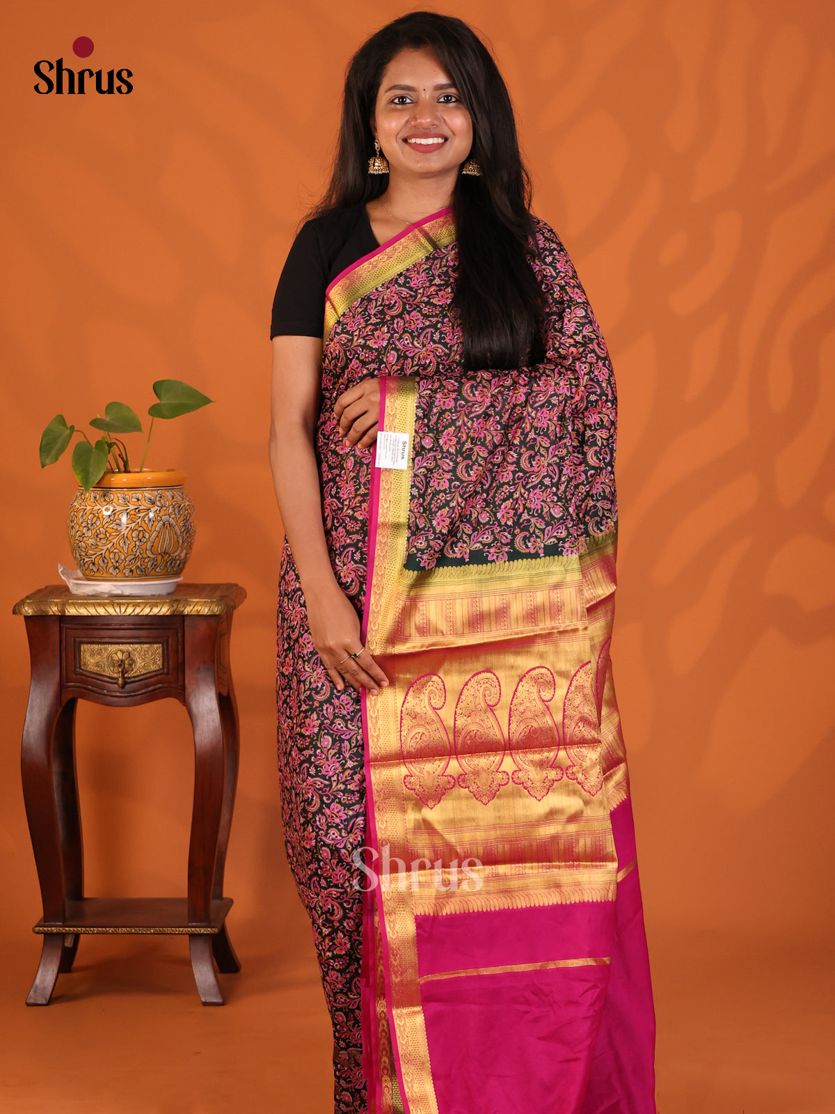 Dark Green with Pink - Semi Mysoresilk Saree - Shop on Shrus.com