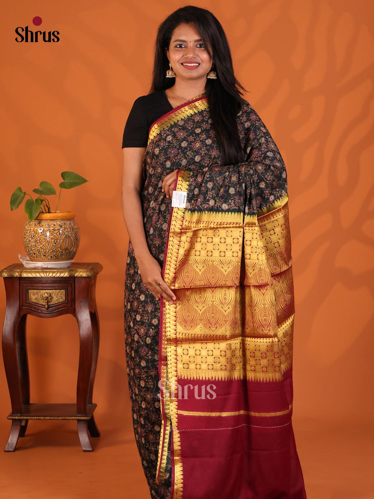 Black with Maroon- Semi Mysoresilk Saree - Shop on Shrus.com