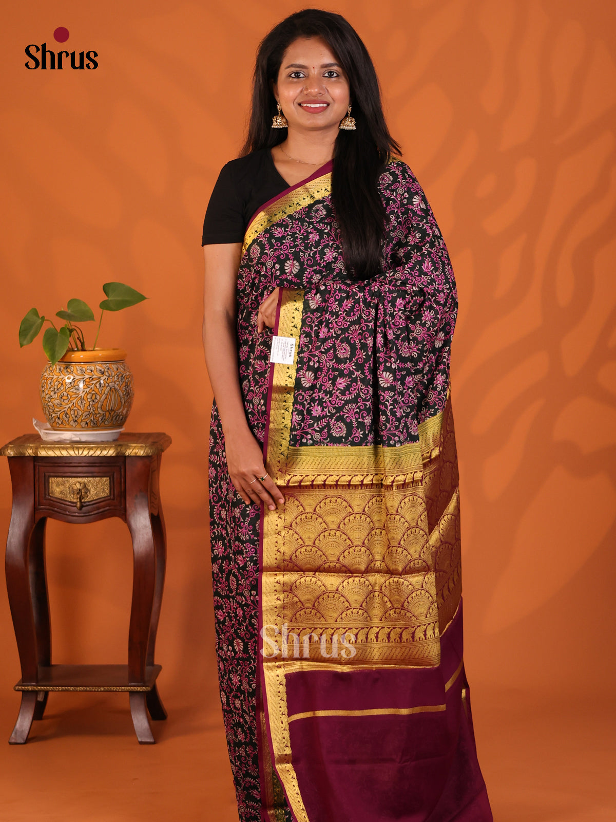 Black with Maroon - Semi Mysoresilk Saree - Shop on Shrus.com