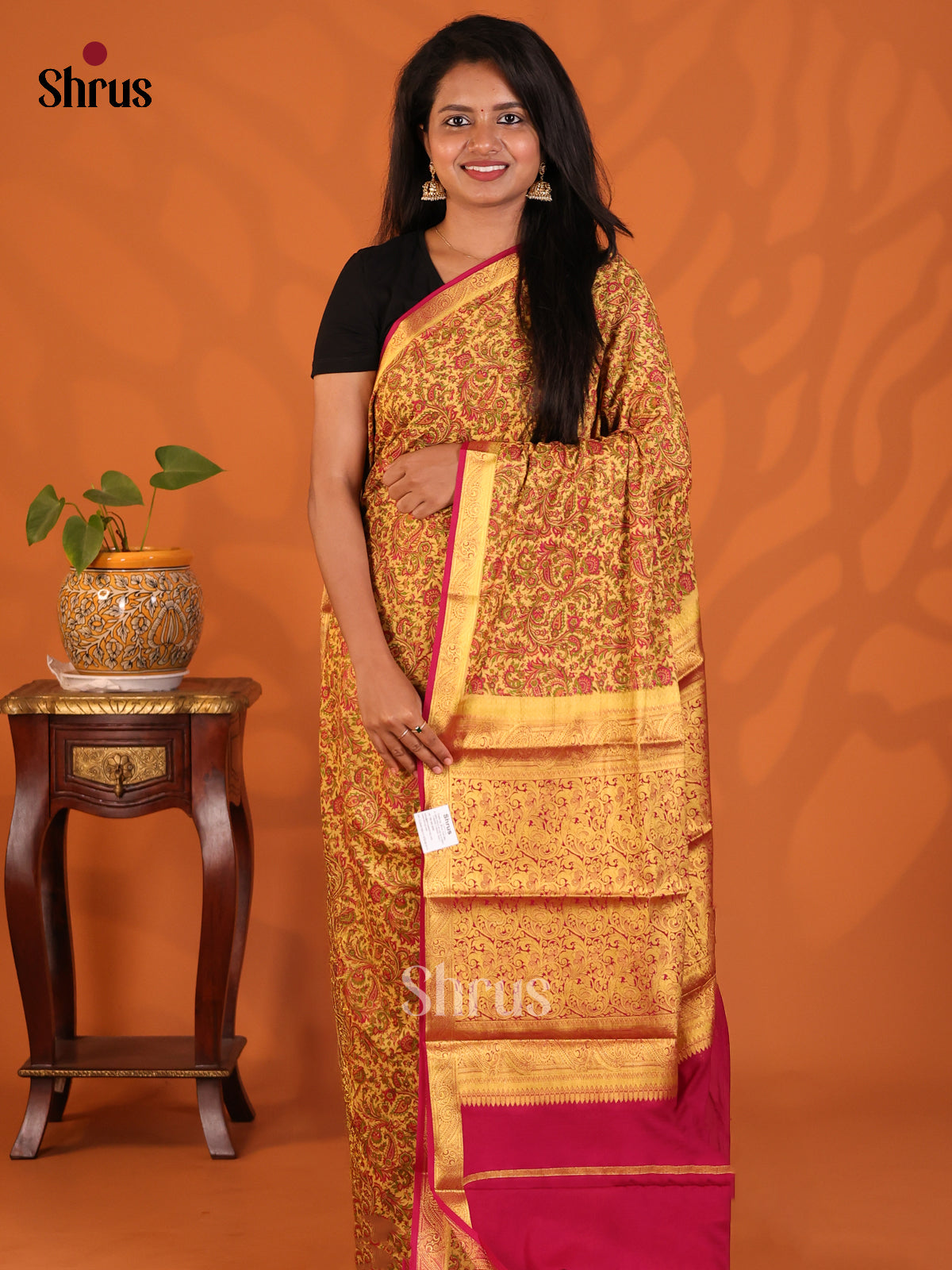 Mustard with Maroon - Semi Mysoresilk Saree - Shop on Shrus.com