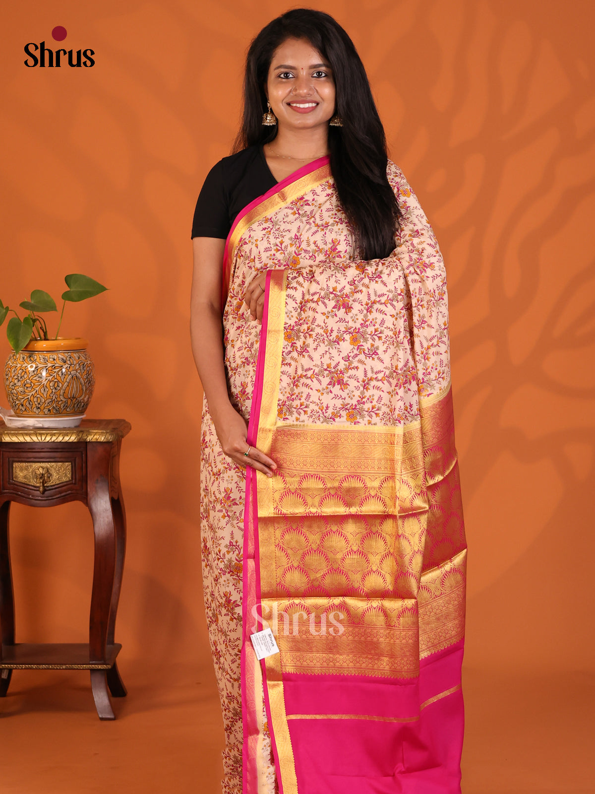 Dusty Pink with Pink - Semi Mysoresilk Saree - Shop on Shrus.com