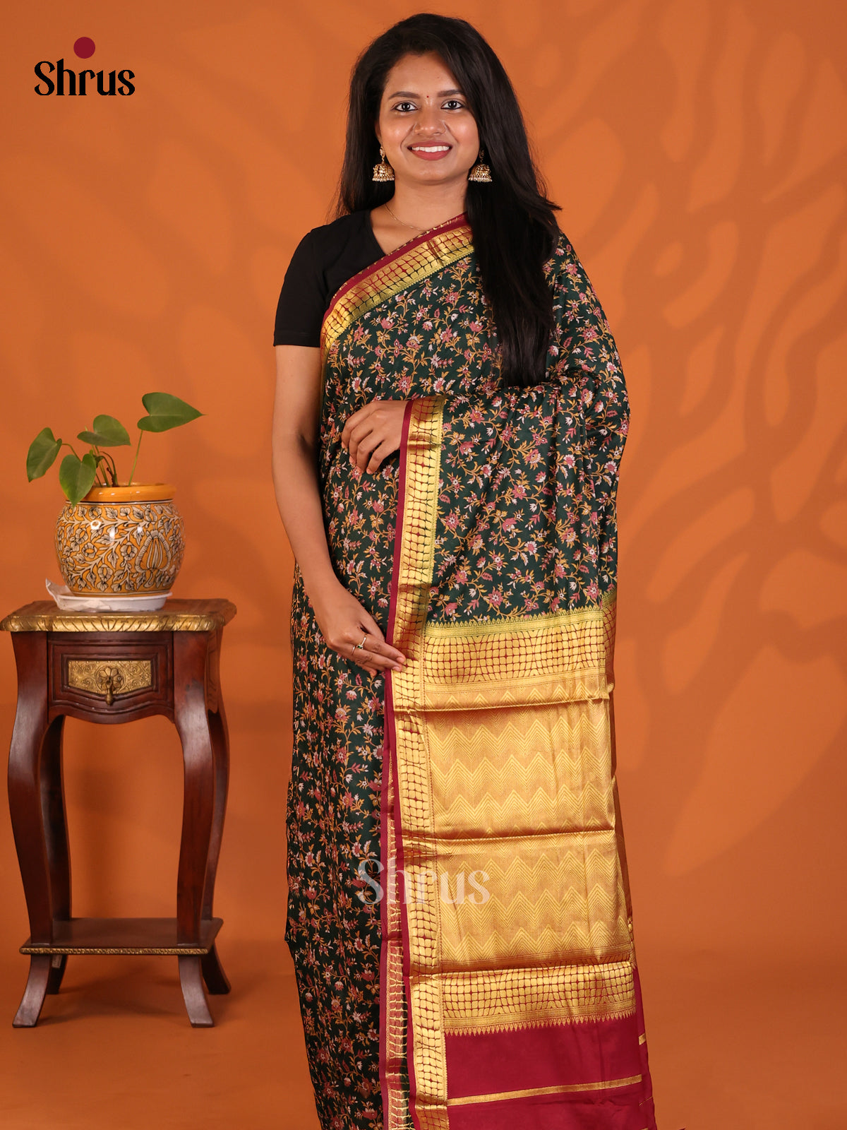 Green with Maroon- Semi Mysoresilk Saree - Shop on Shrus.com
